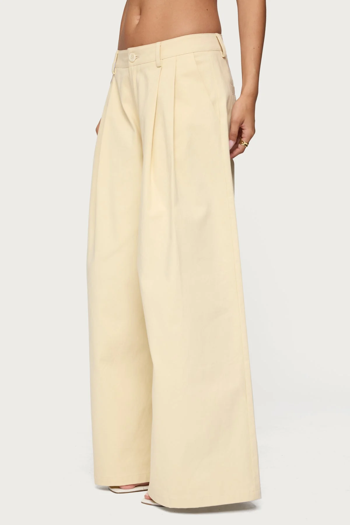 Beige Cotton Wide Leg Pants Womens Pleated Loose Fit Trousers