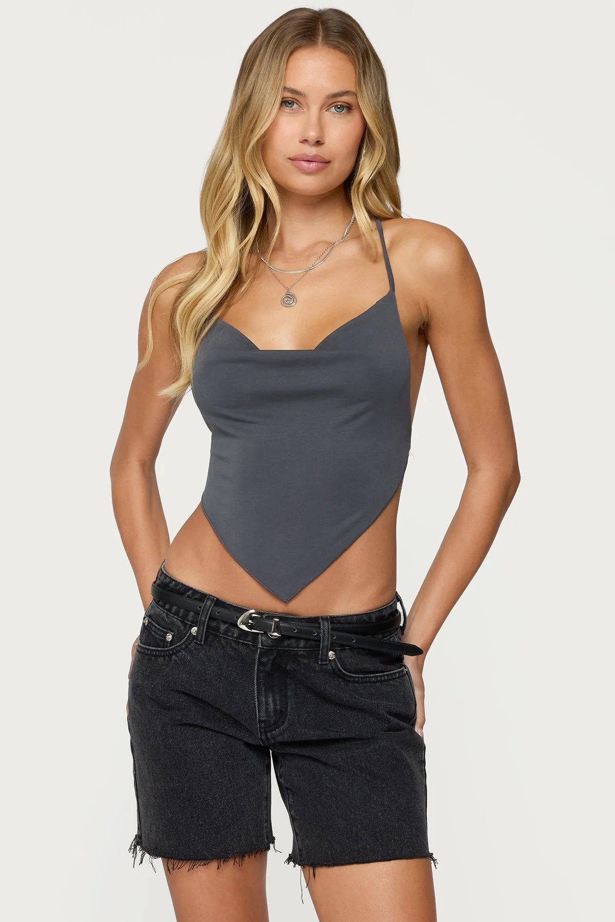 Gray Backless Cowl Neck Crop Top