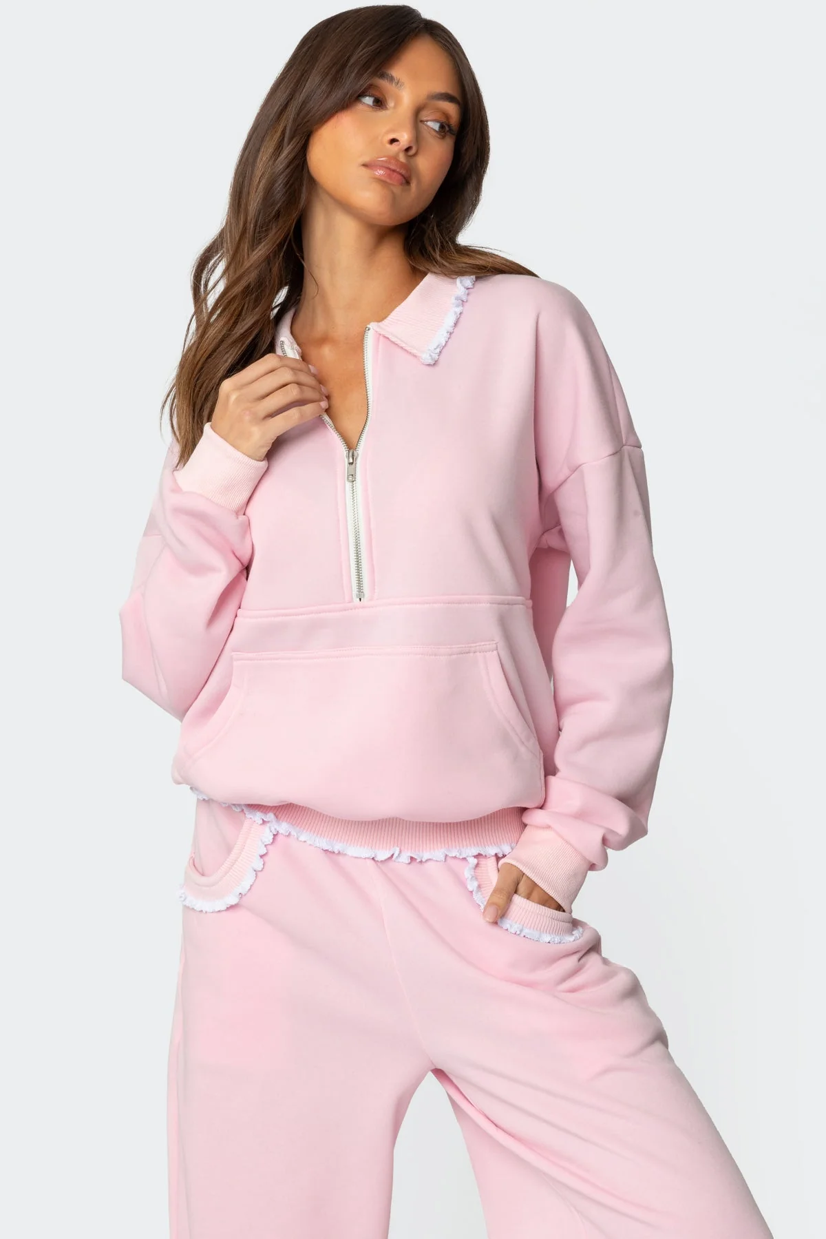 Light Pink Ruffle Trim Collared Sweatshirt