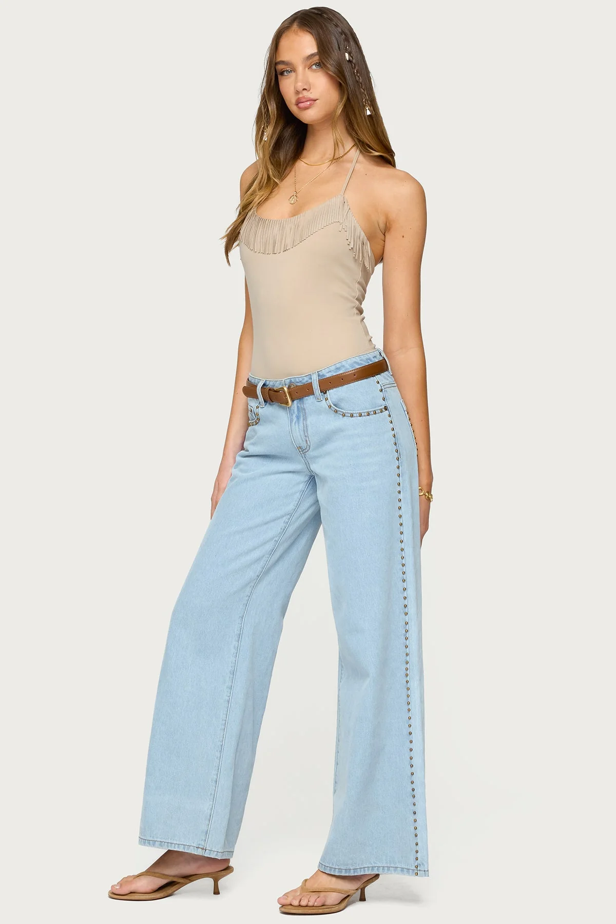 Beige Fringe Trim Halter Bodysuit for Women