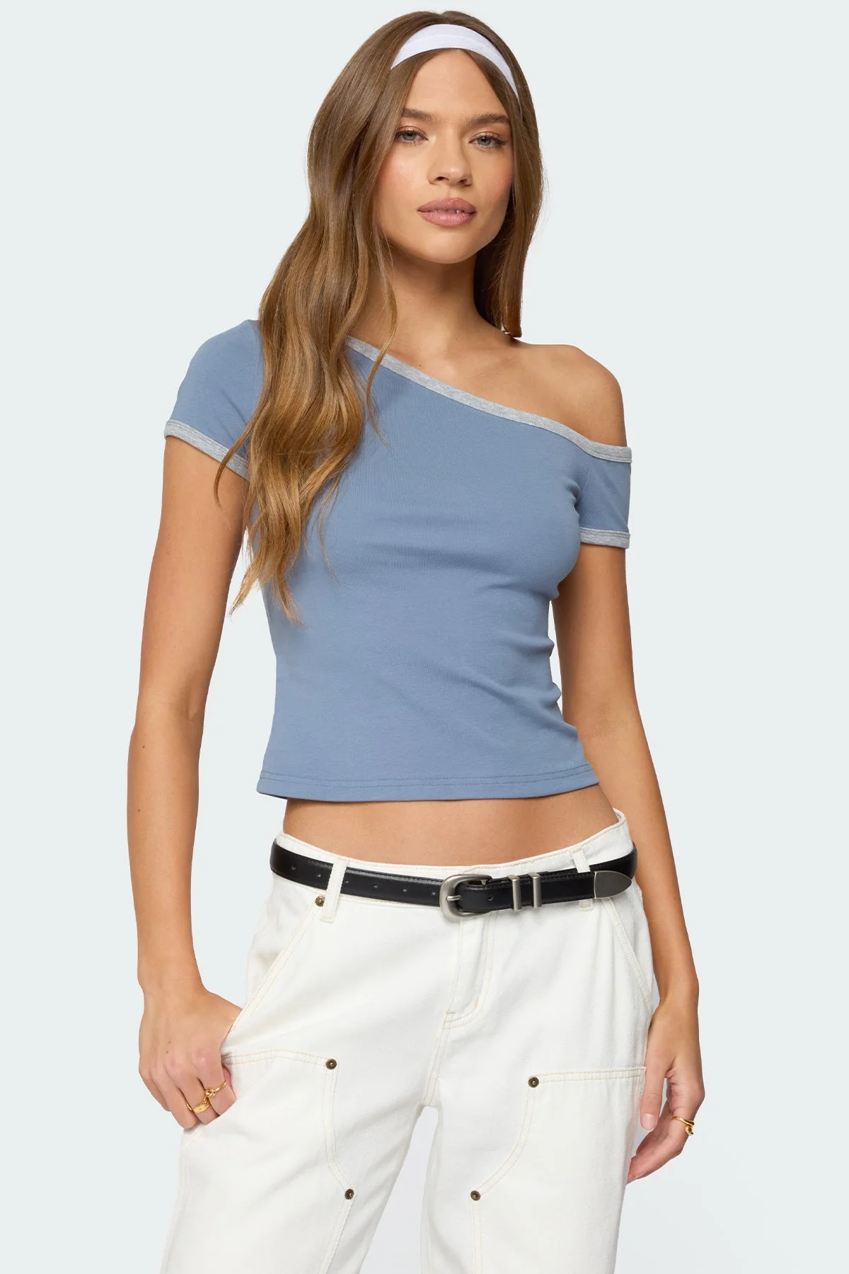 Blue Contrast Off Shoulder Cotton Spandex Top
