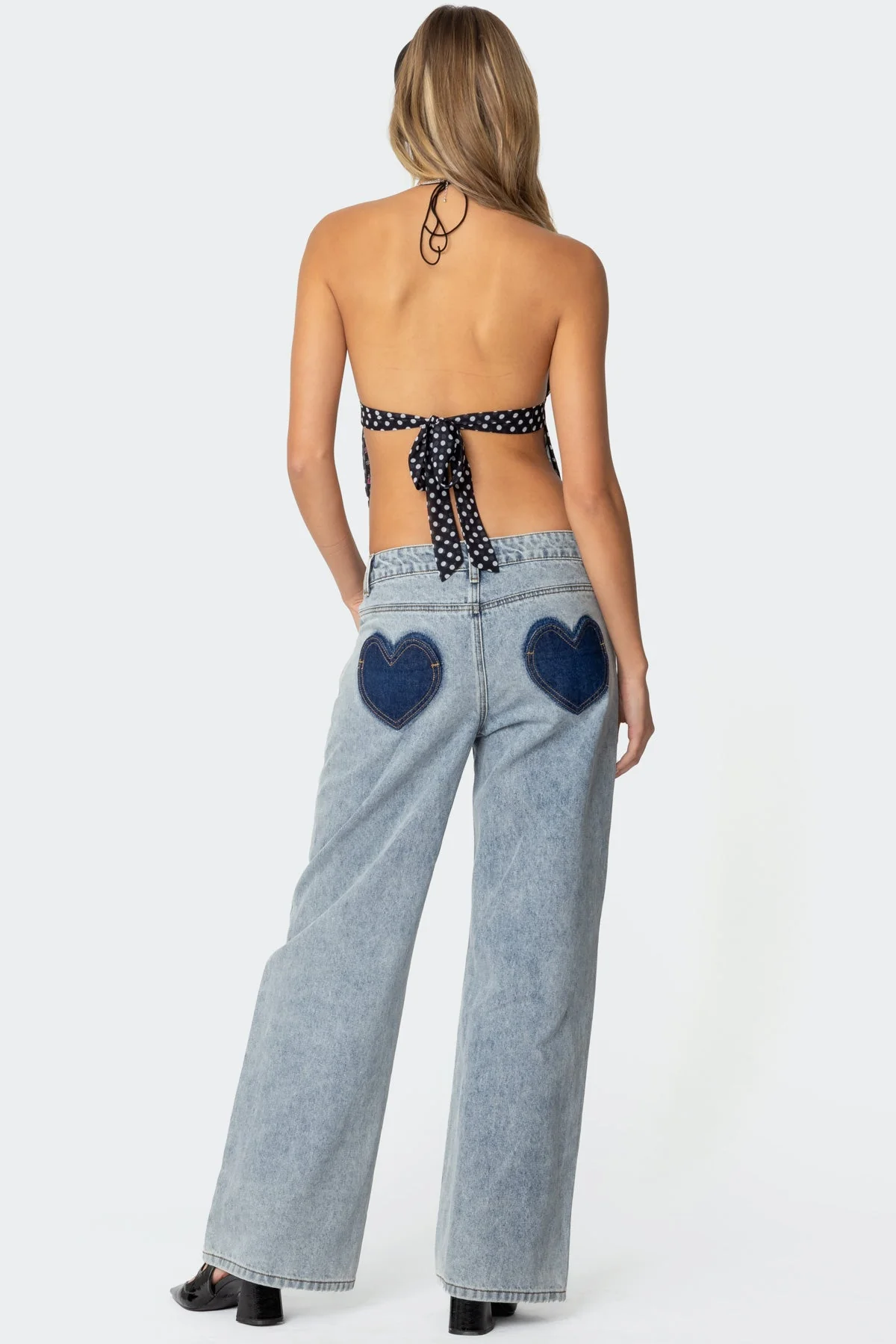 Washed Denim Low Rise Heart Detail Jeans