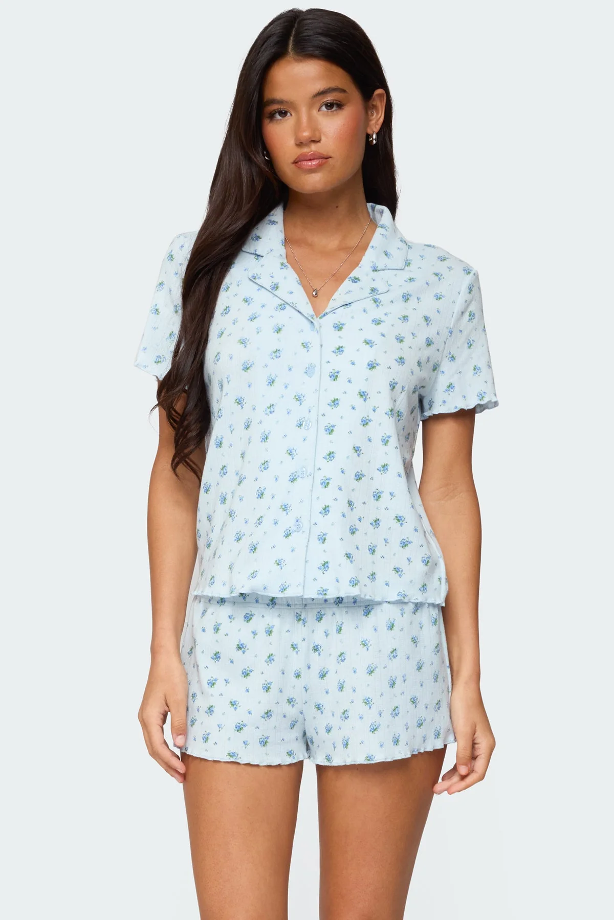 Light Blue Floral Pointelle Button-Up Shirt