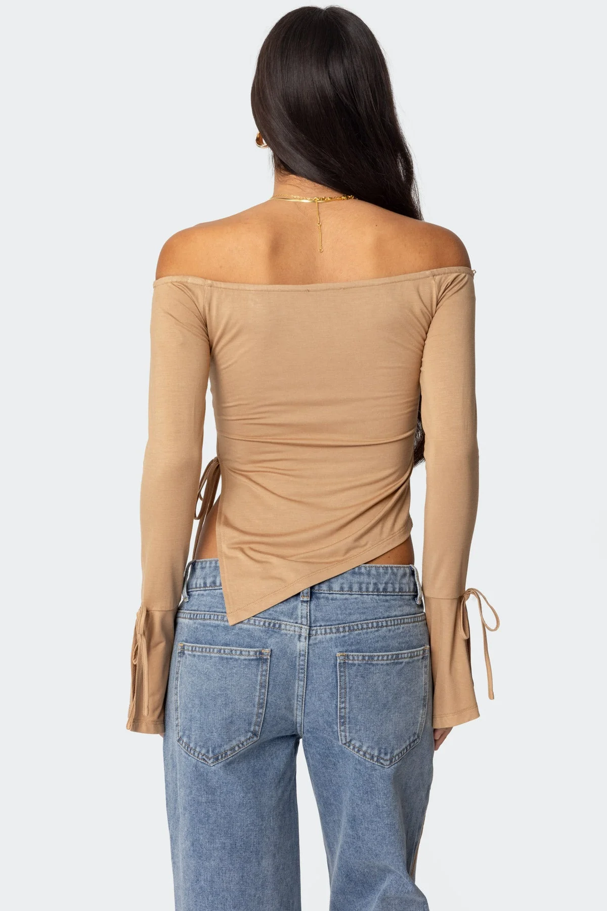 Asymmetric Brown Off Shoulder Top - Womens Stylish Bell Sleeve Shirt