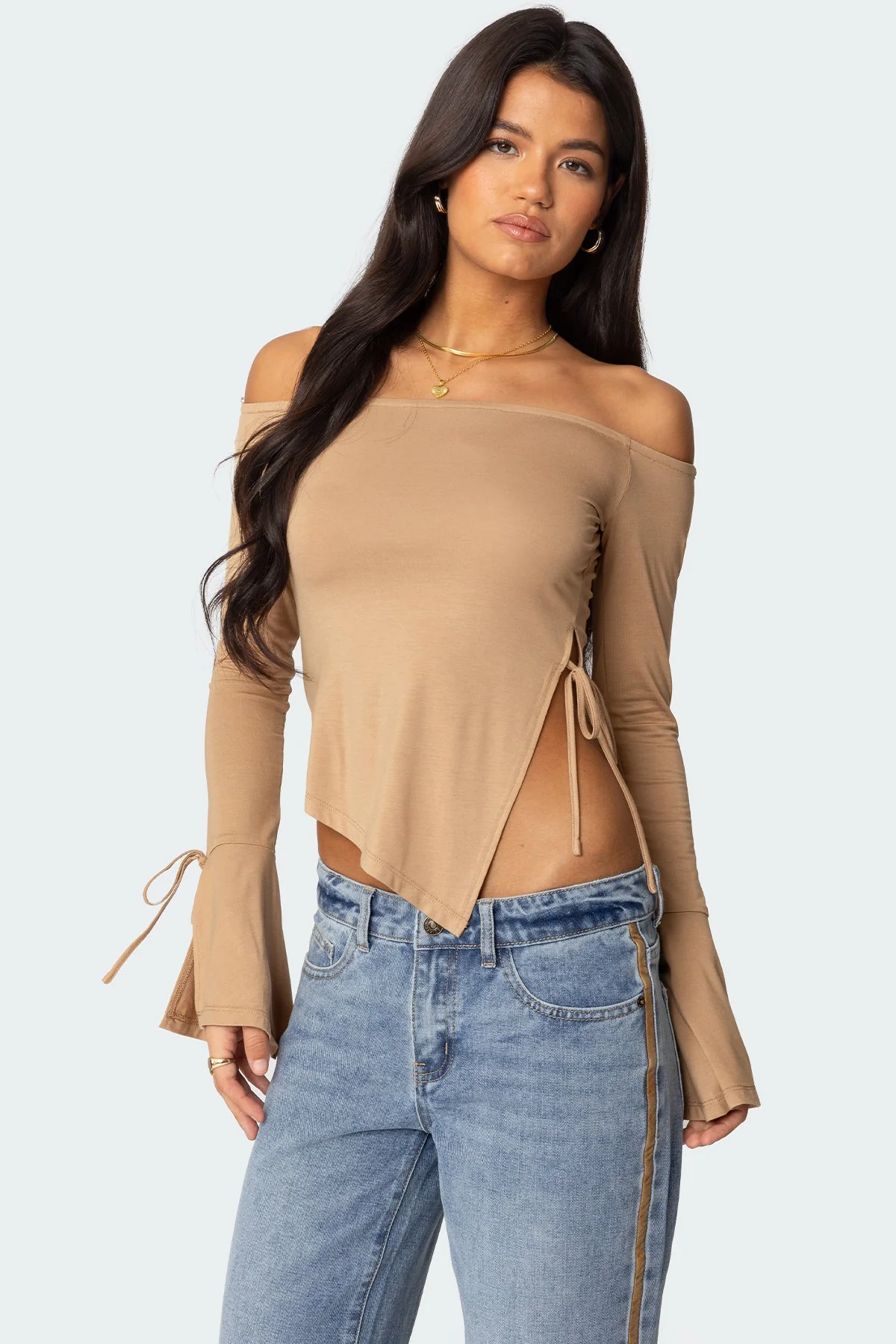 Asymmetric Brown Off Shoulder Top - Womens Stylish Bell Sleeve Shirt