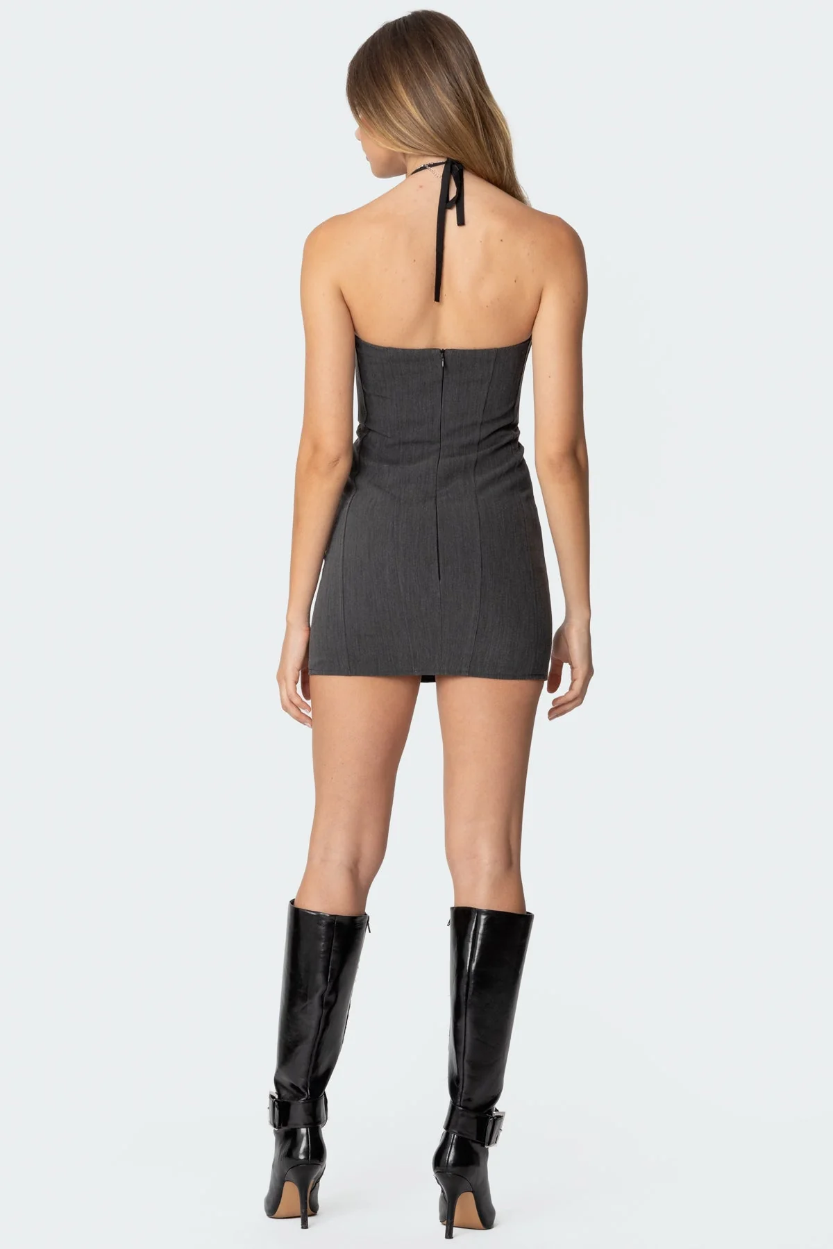 Sultry Lace Halter Mini Dress in Dark Gray