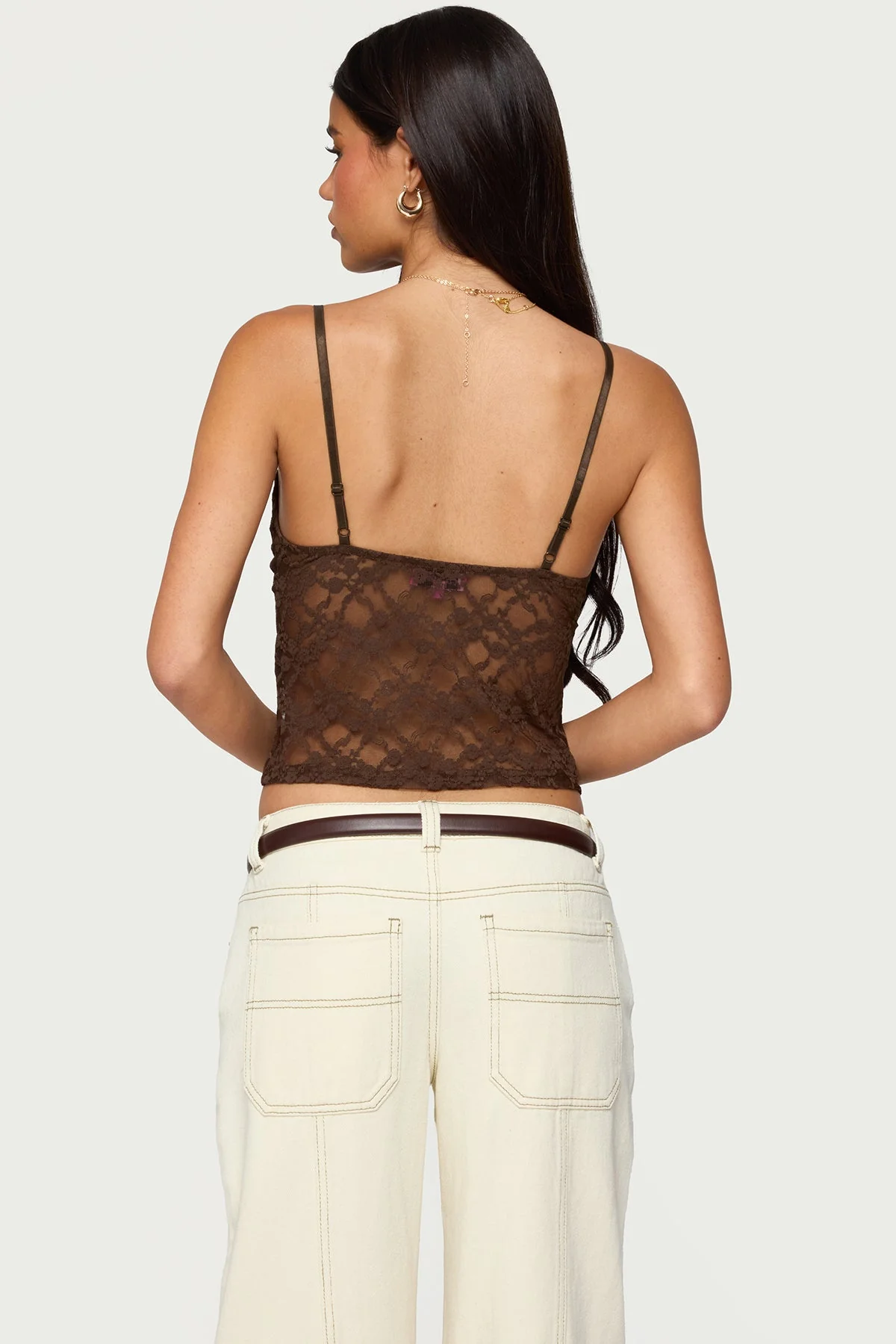 Brown Sheer Lace Tank Top with Cut Out Detail