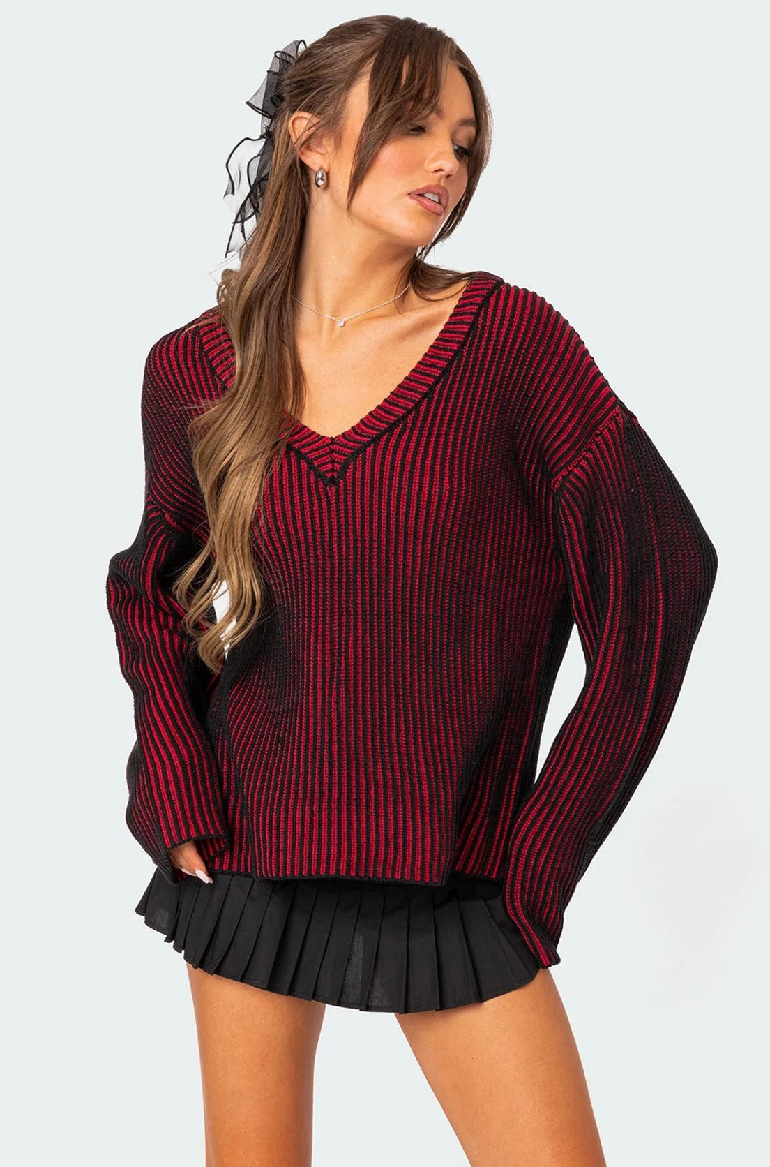 Textured Knit Oversized Sweater in Red
