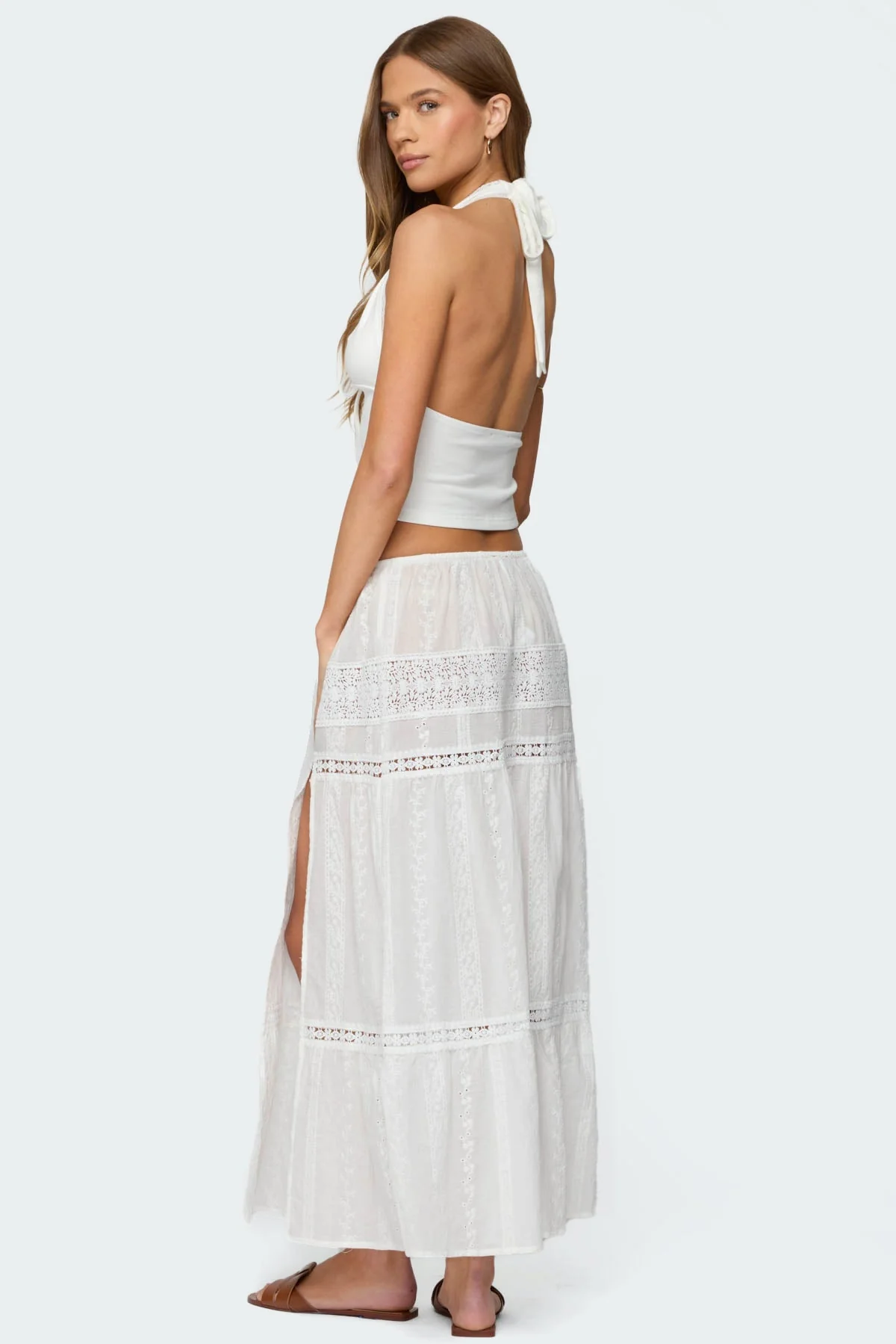White Lace Trim Halter Top with Front Tie Detail