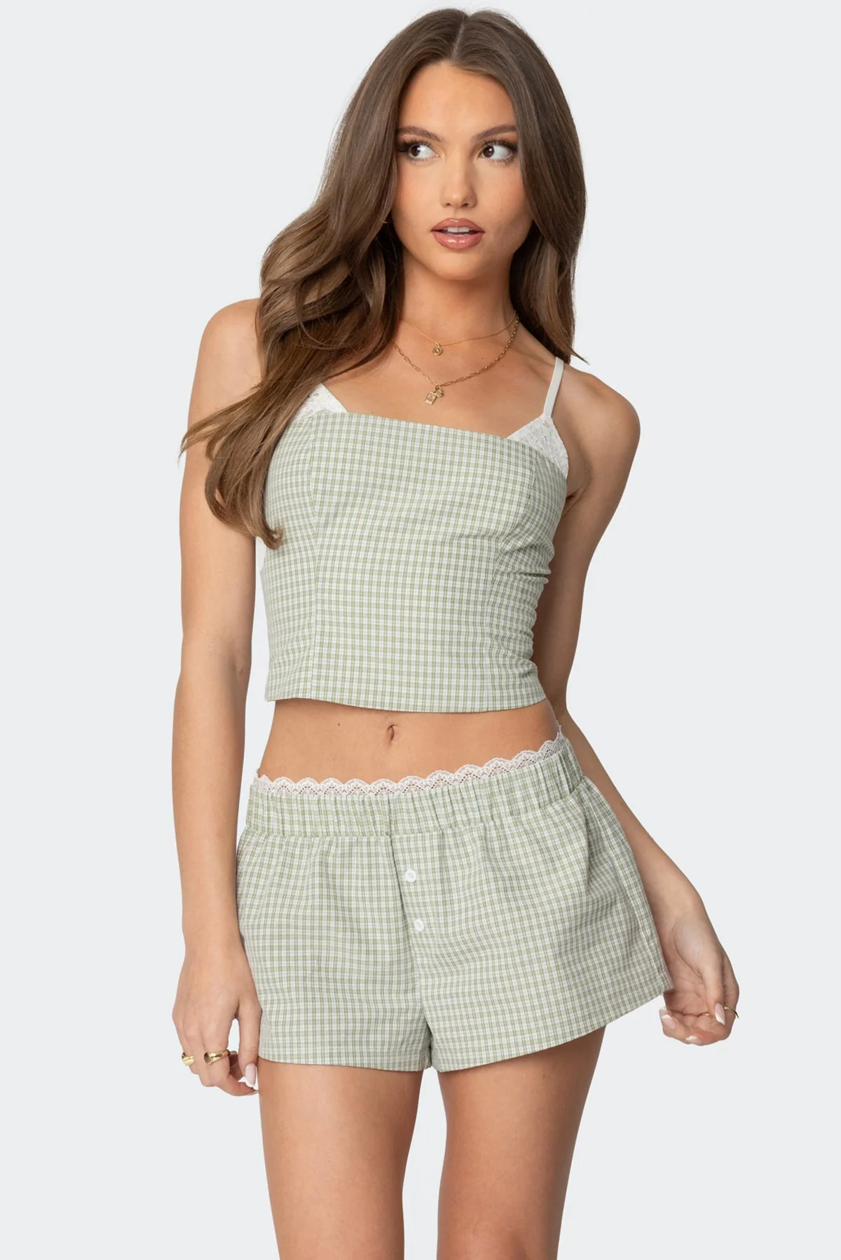 Gingham Lace Layered Top in Green Cotton Polyester Blend XS-XL
