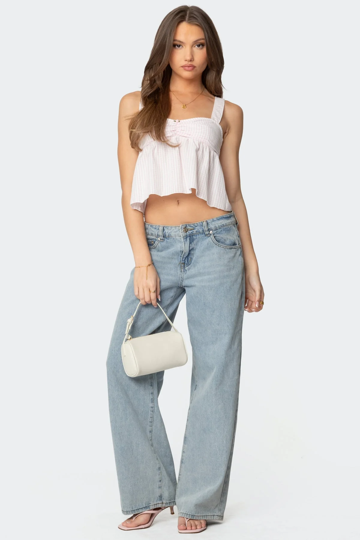 Light Pink Babydoll Tank Top with Gingham Pattern