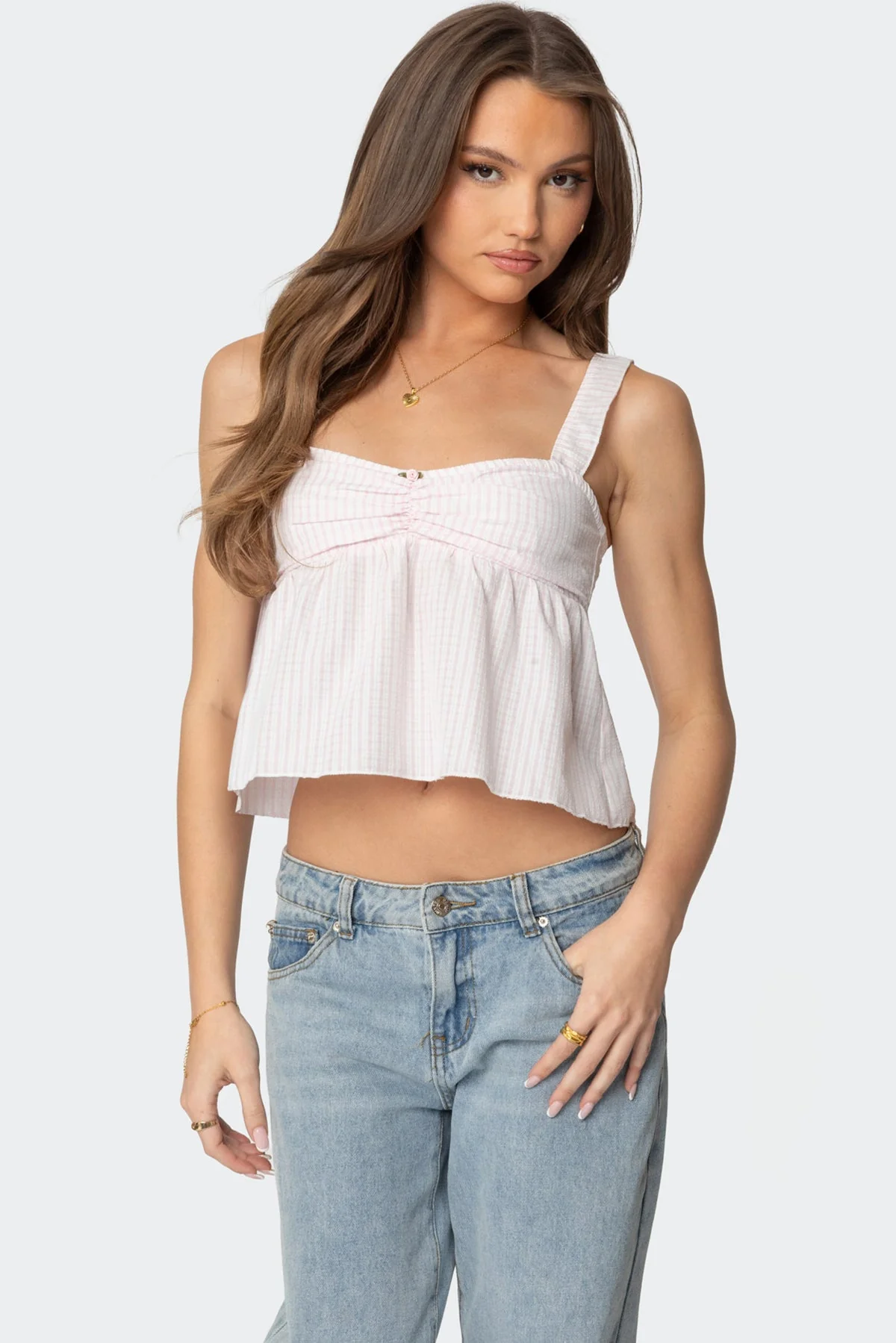 Light Pink Babydoll Tank Top with Gingham Pattern