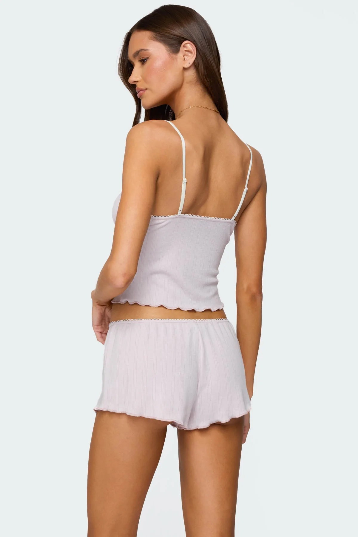 Light Pink Pointelle Tank Top - Adjustable Straps & Lace Detailing