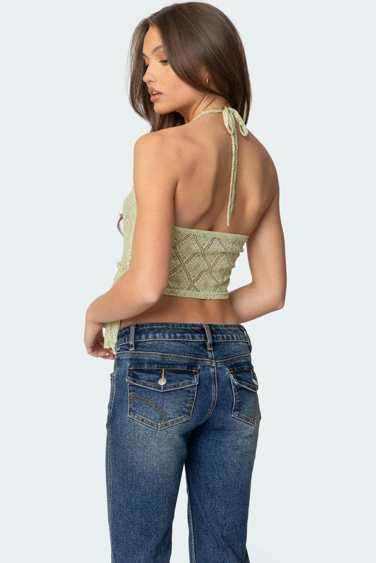 Green Lace Halter Top - Stylish Sheer Asymmetric Design