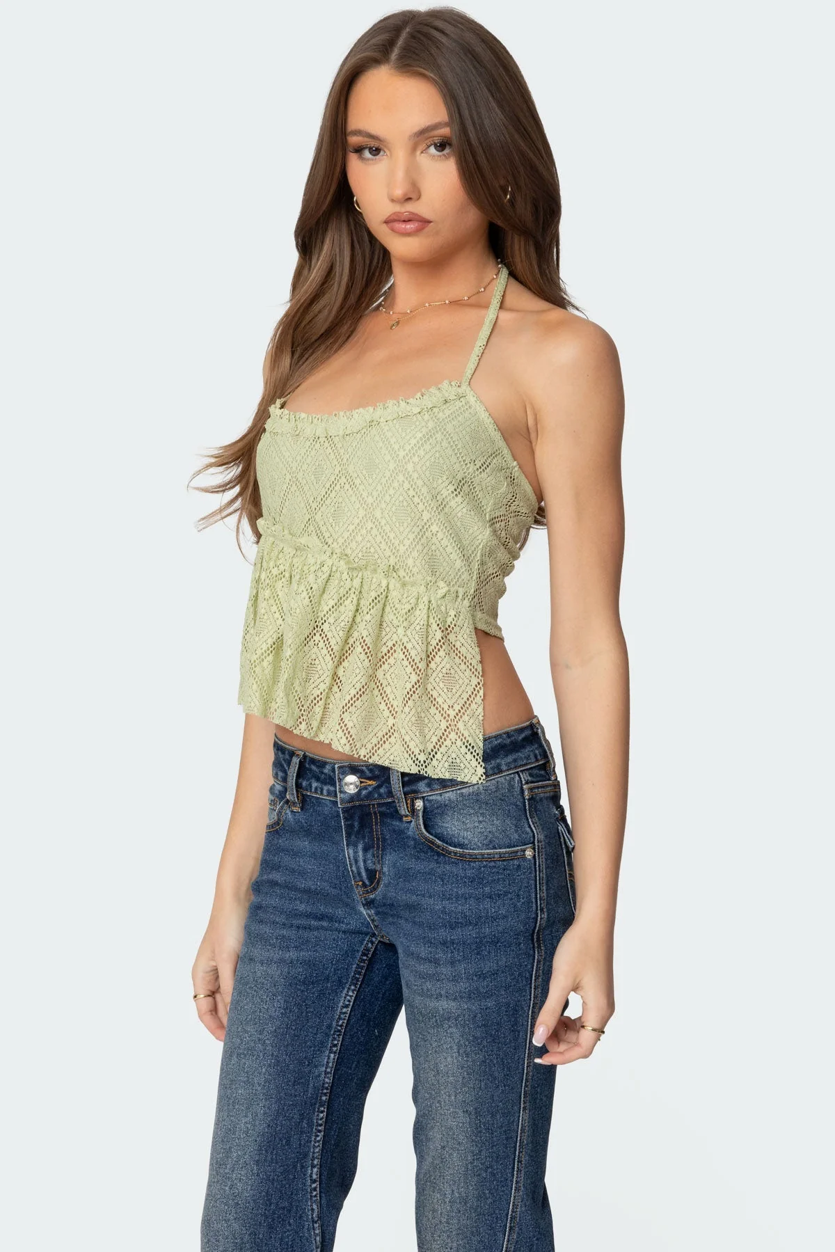Green Lace Halter Top - Stylish Sheer Asymmetric Design