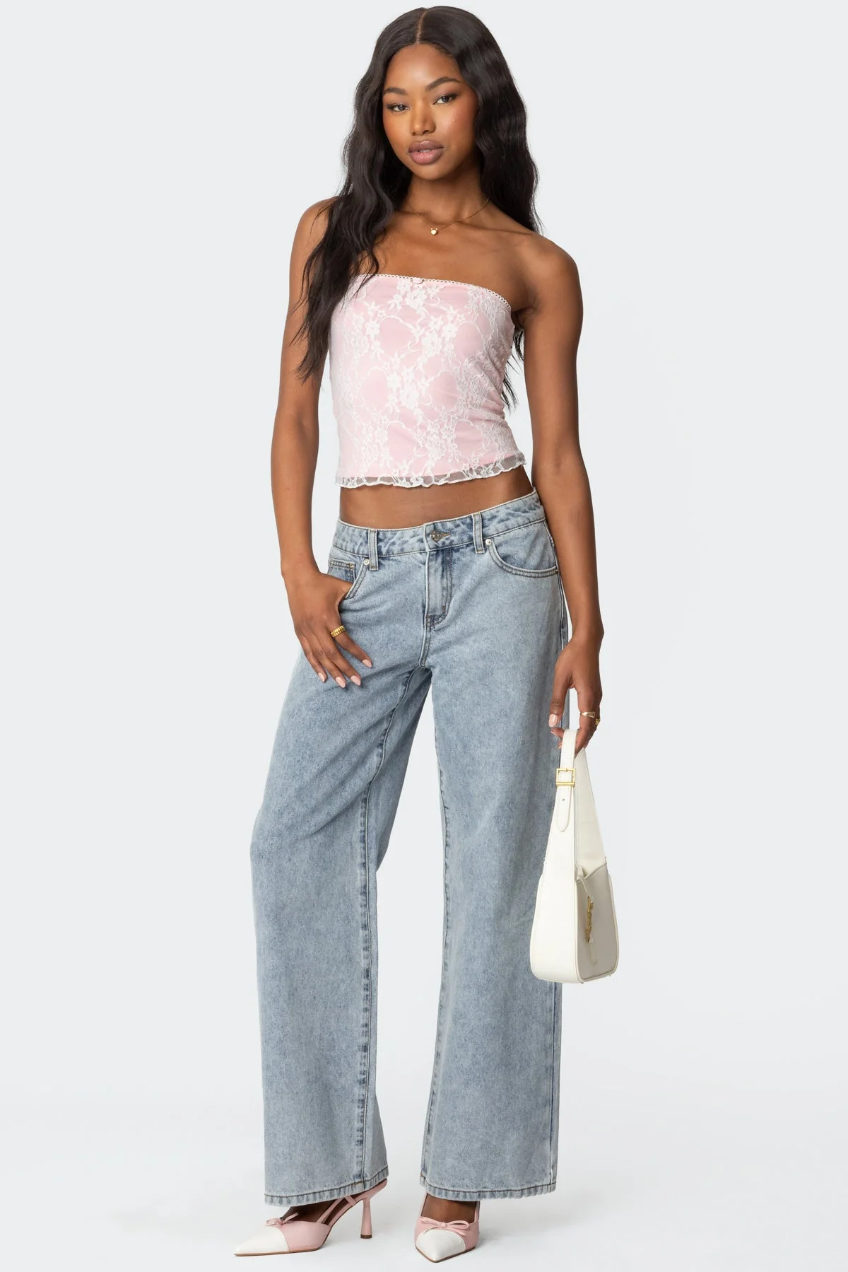 Lace Tube Top with Frill Trim in White and Pink