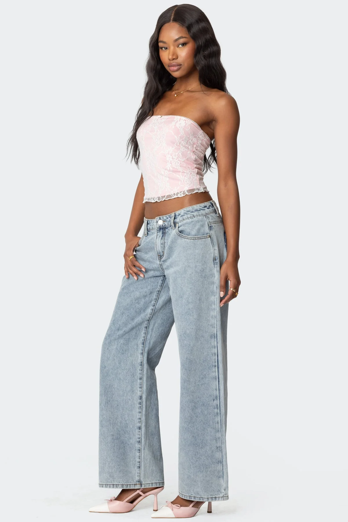 Lace Tube Top with Frill Trim in White and Pink