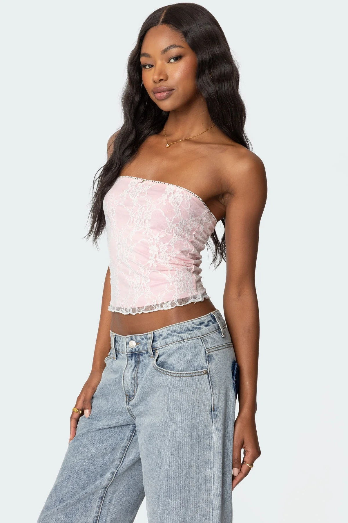 Lace Tube Top with Frill Trim in White and Pink