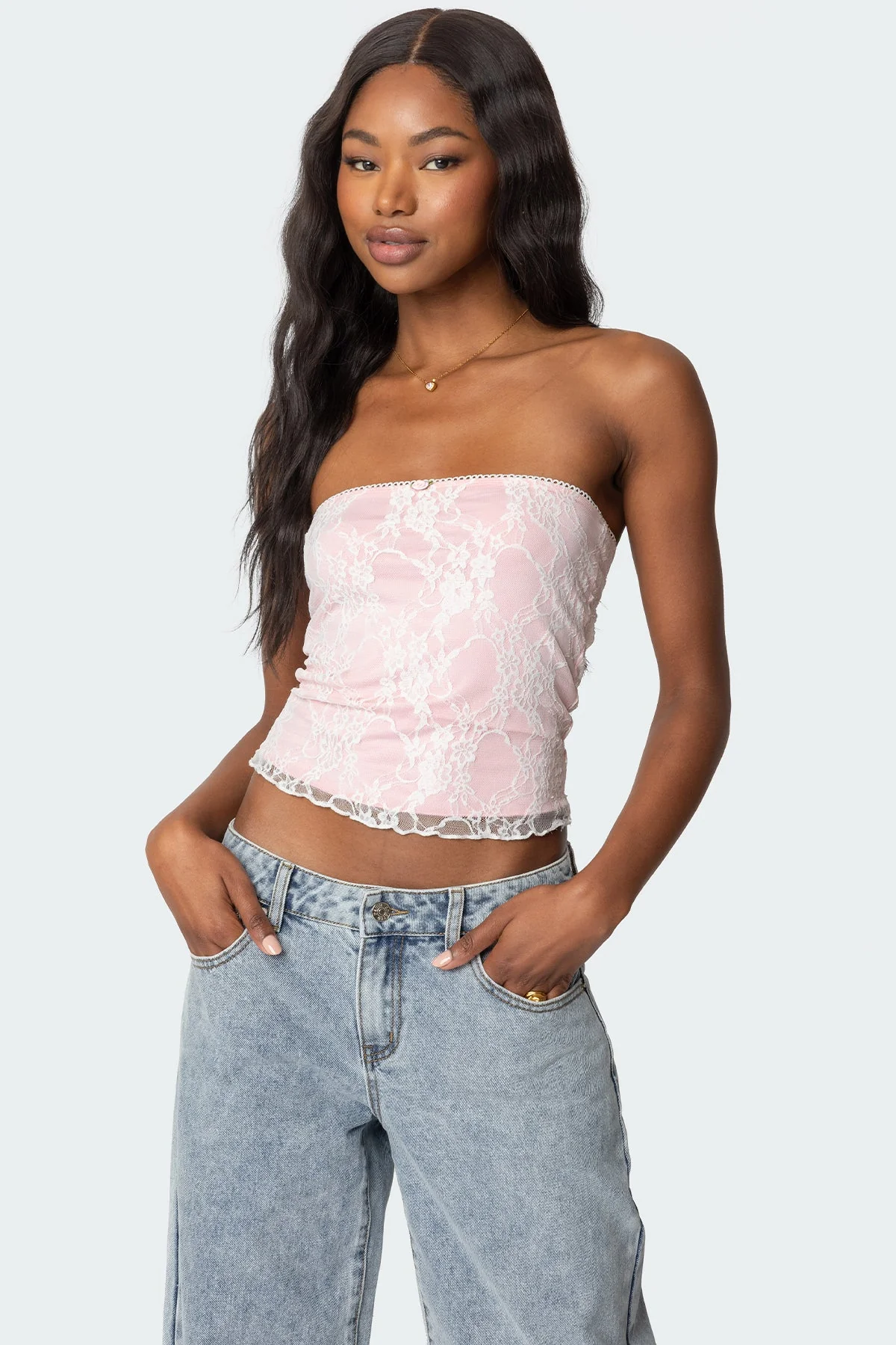 Lace Tube Top with Frill Trim in White and Pink