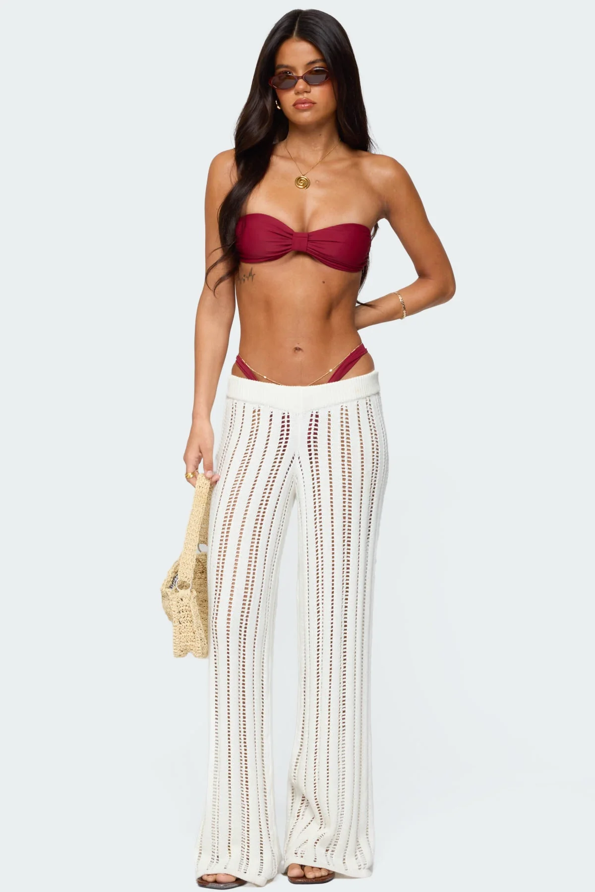 Cream Knit Wide Leg Pants
