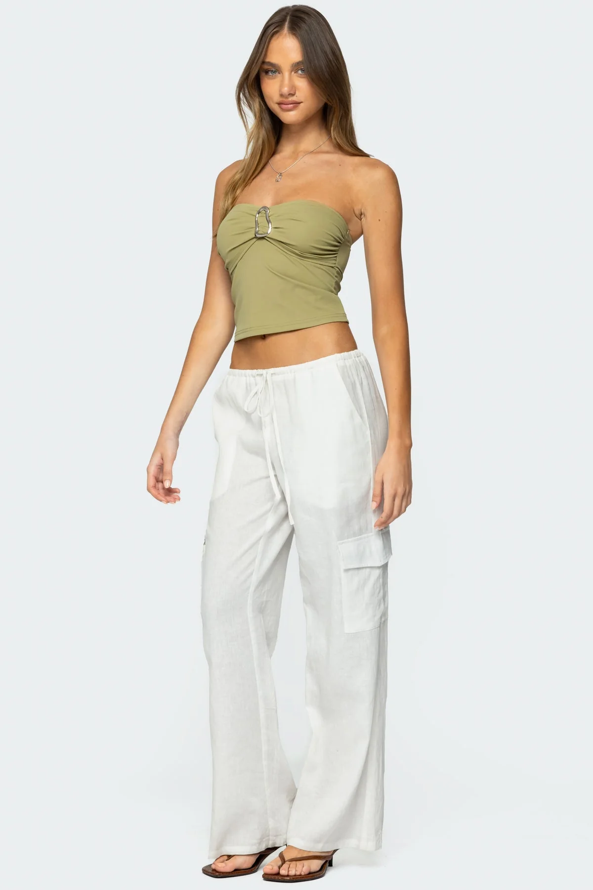 Abstract Olive Strapless Tube Top with Ring Detail
