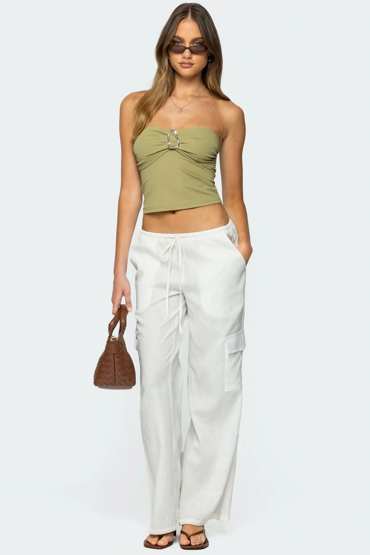 Abstract Olive Strapless Tube Top with Ring Detail