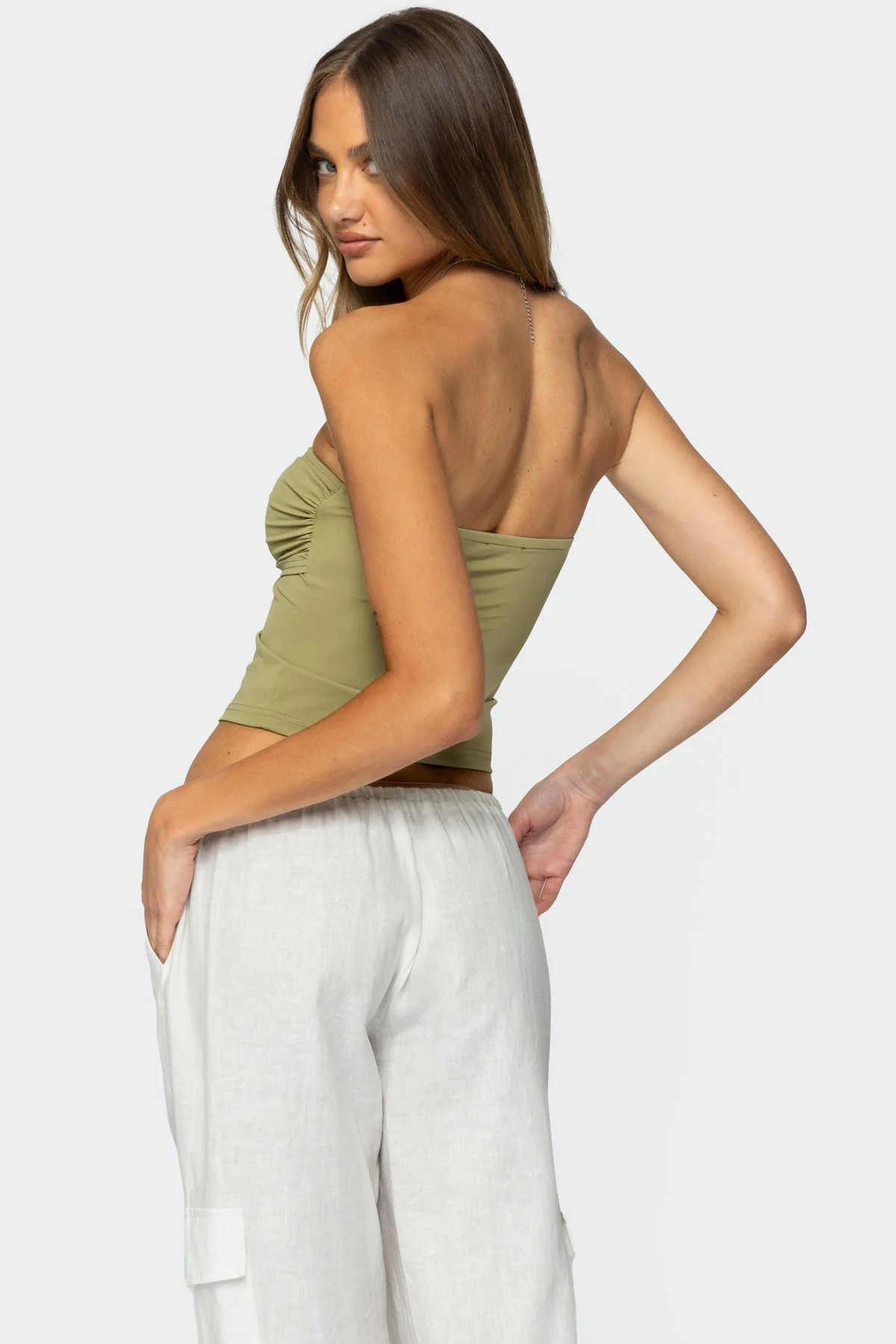 Abstract Olive Strapless Tube Top with Ring Detail