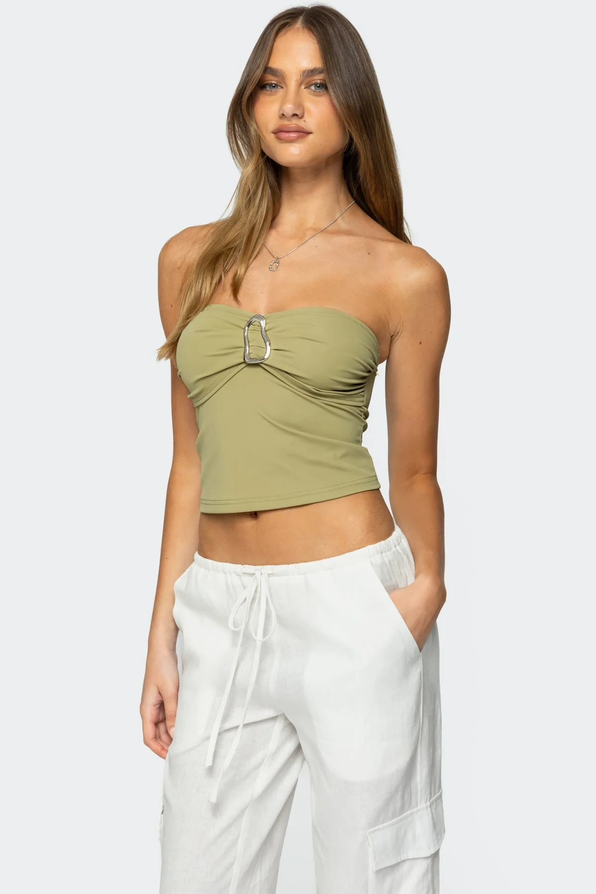 Abstract Olive Strapless Tube Top with Ring Detail