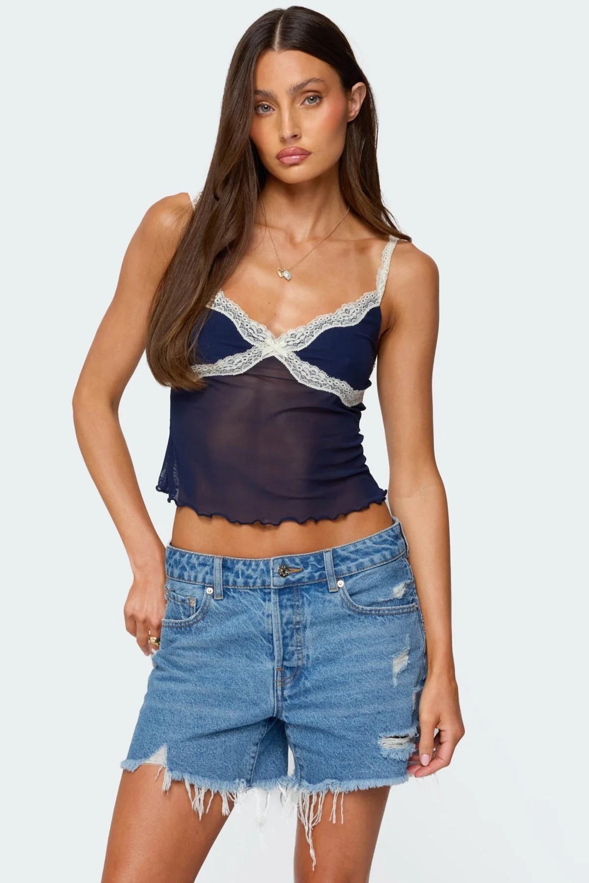 Navy Mesh Tank Top with Lace Detail