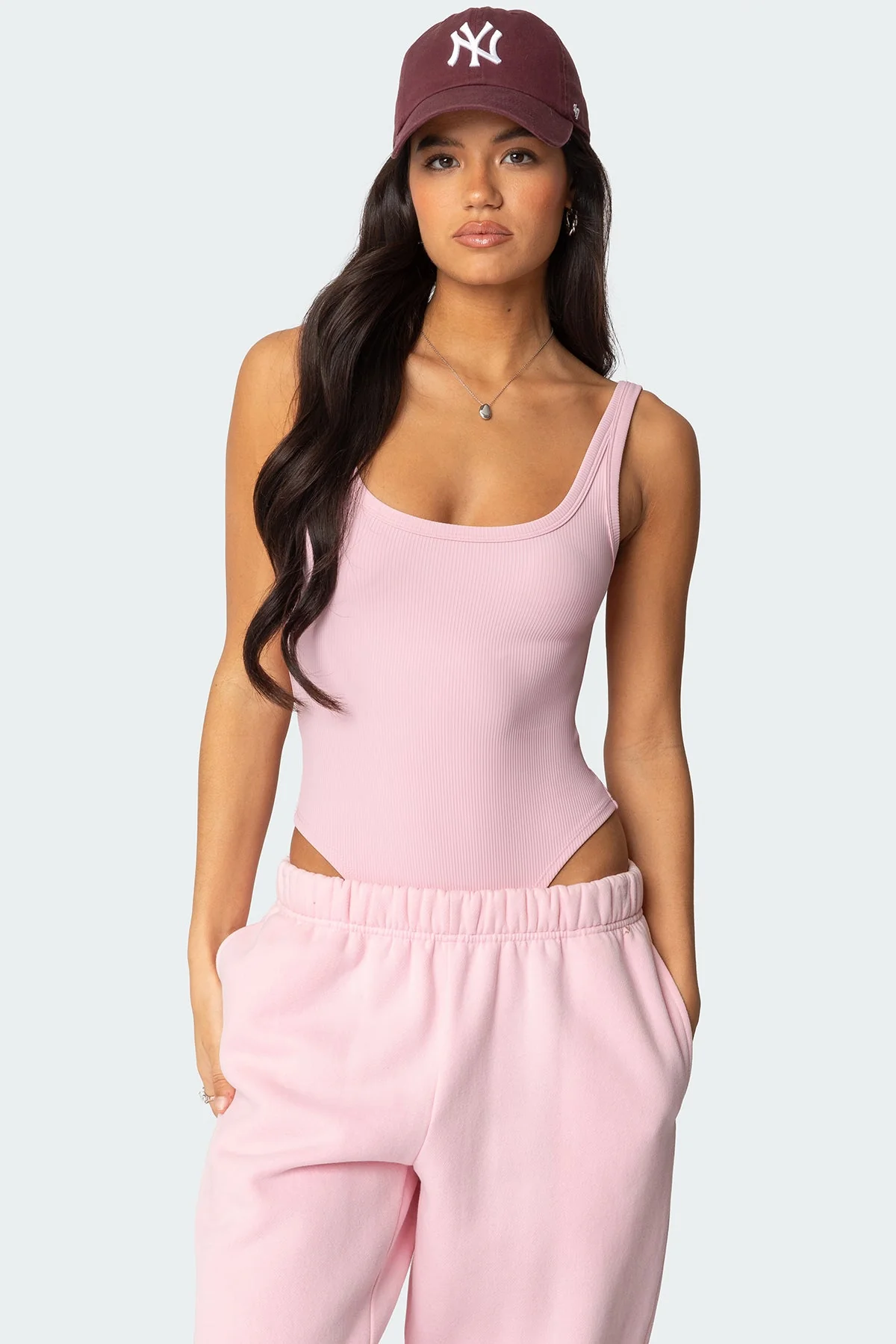 Pink Ribbed Scoop Neck Bodysuit for Women