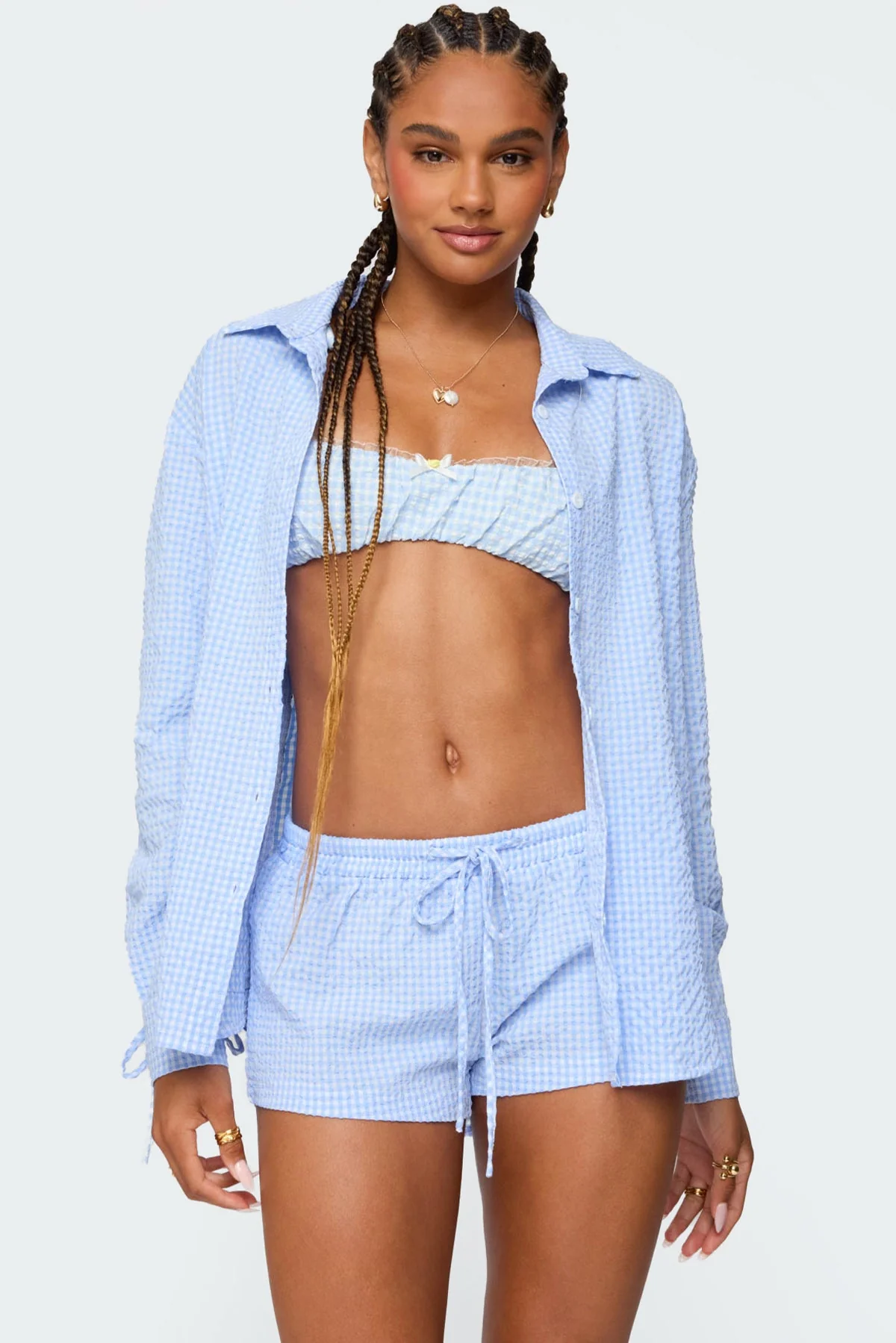 Light Blue Textured Gingham Button-Up Shirt