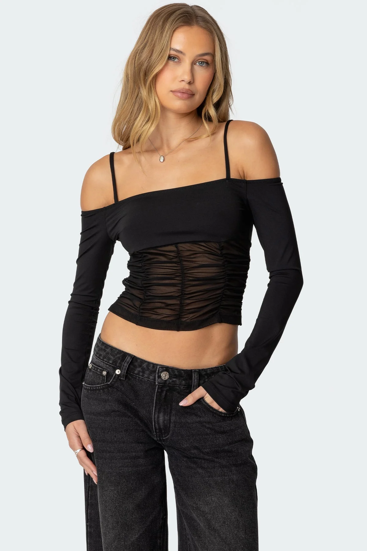 Black Mesh Off Shoulder Top for Women