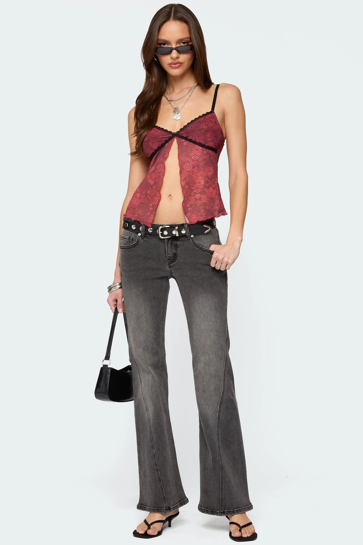 Red Printed Mesh Top with Split Front Design