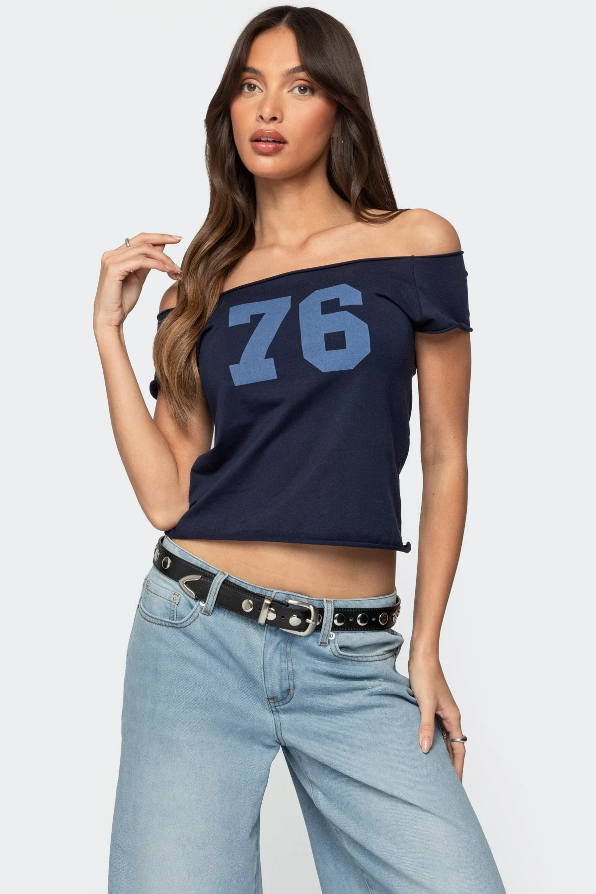 Navy Graphic Off Shoulder Womens Top