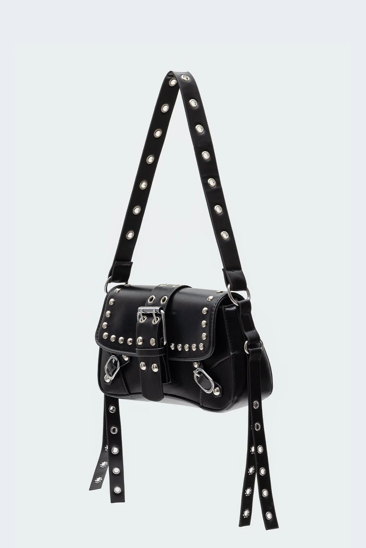 Black Faux Leather Stud & Buckle Shoulder Bag