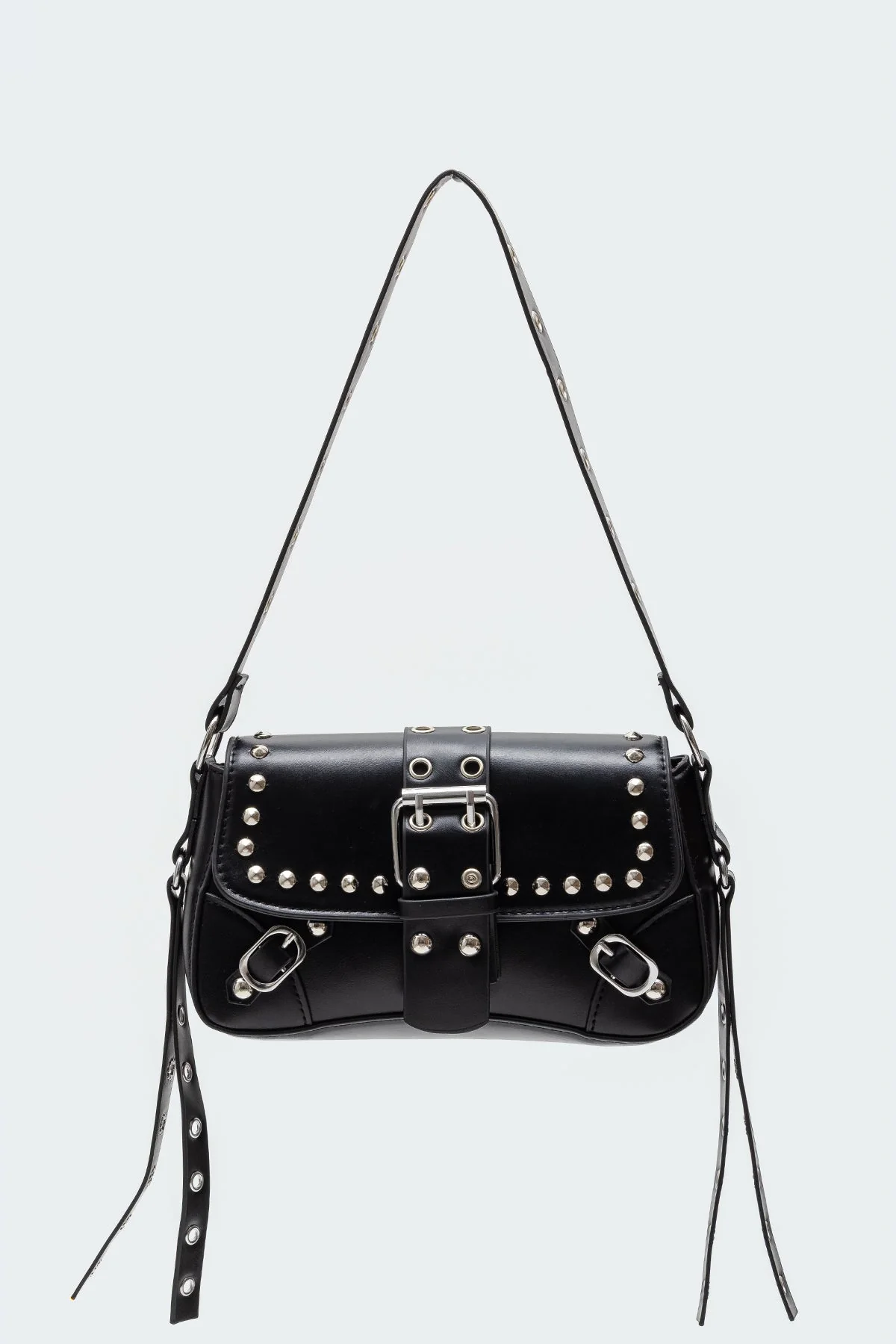 Black Faux Leather Stud & Buckle Shoulder Bag