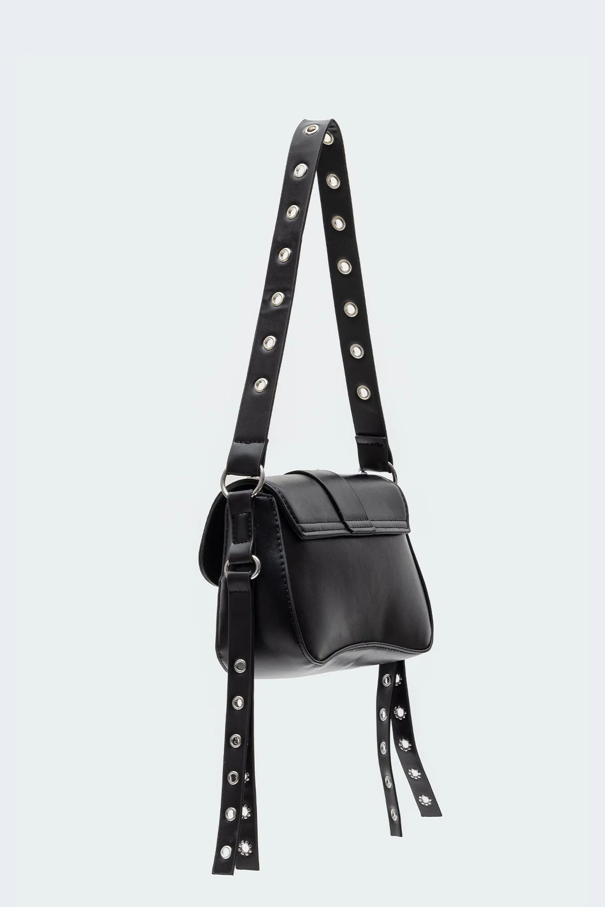 Black Faux Leather Stud & Buckle Shoulder Bag