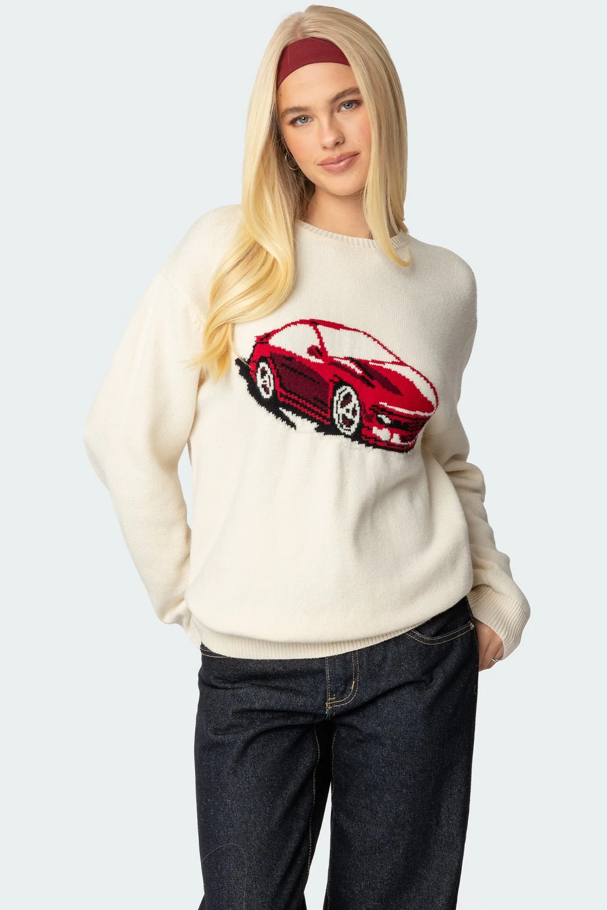 Cream Graphic Knit Sweater - Oversized Car Design