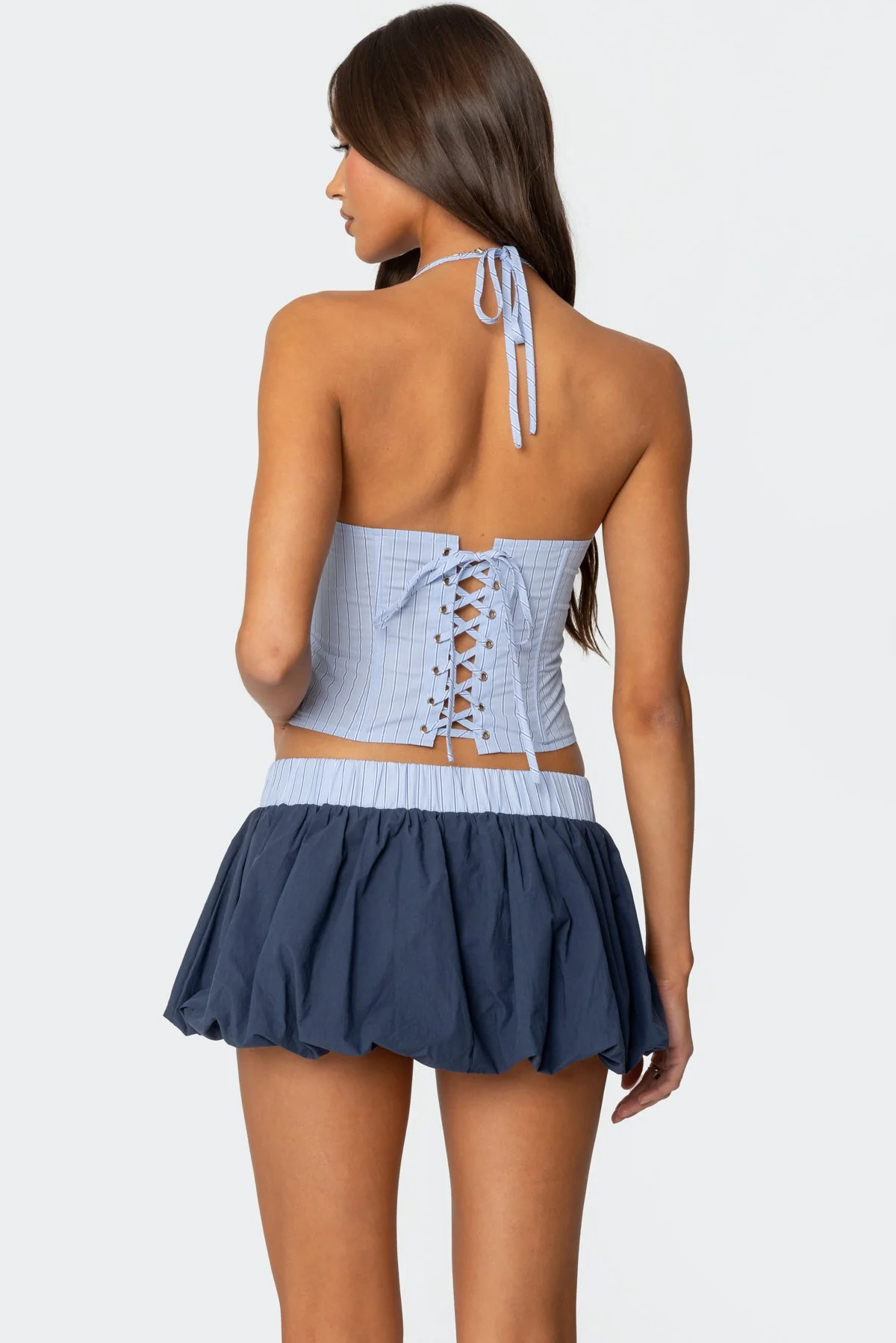 Blue Cotton Halter Top Set | Stylish Pinstripe Design