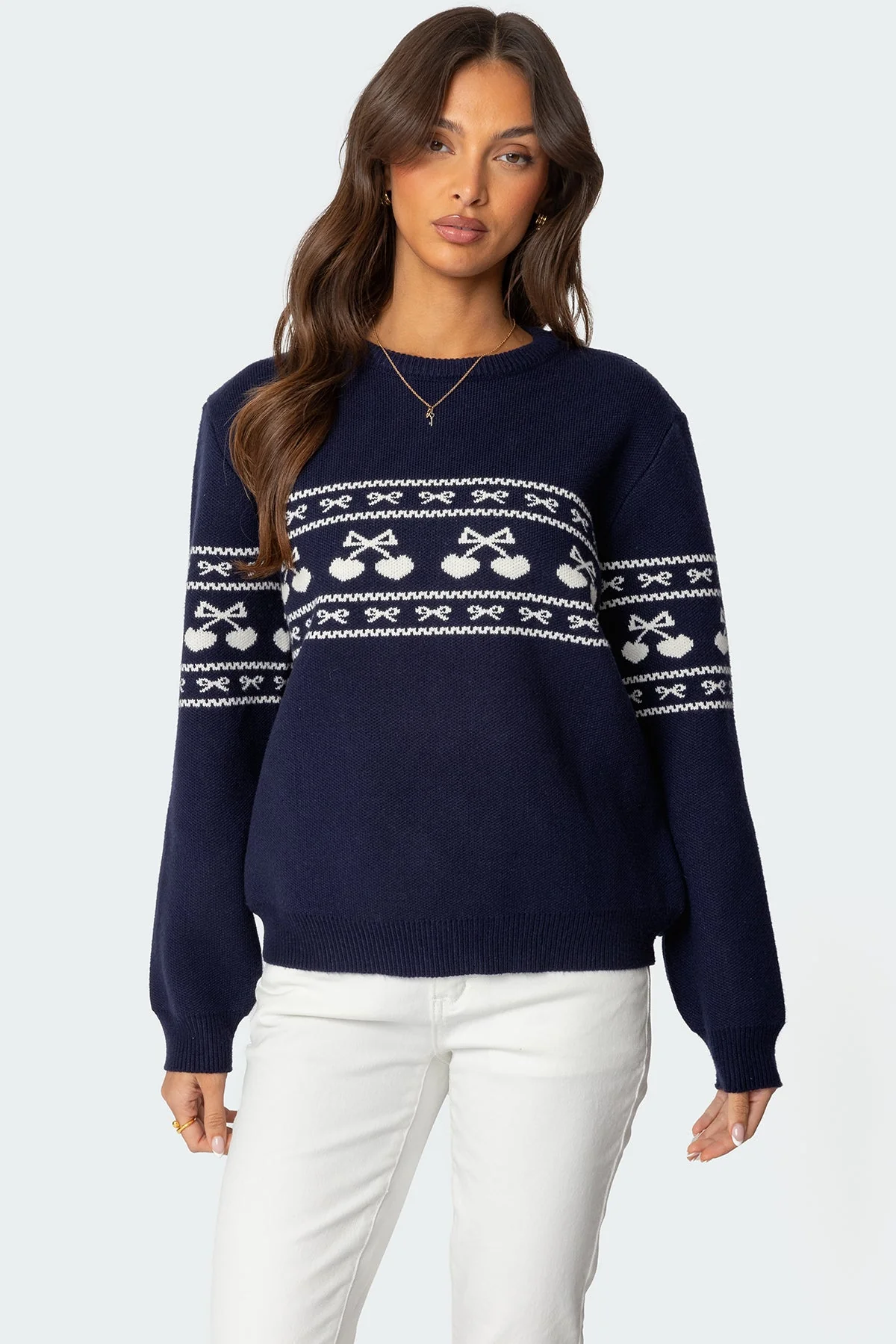 Navy Cherry Bow Graphic Knit Sweater