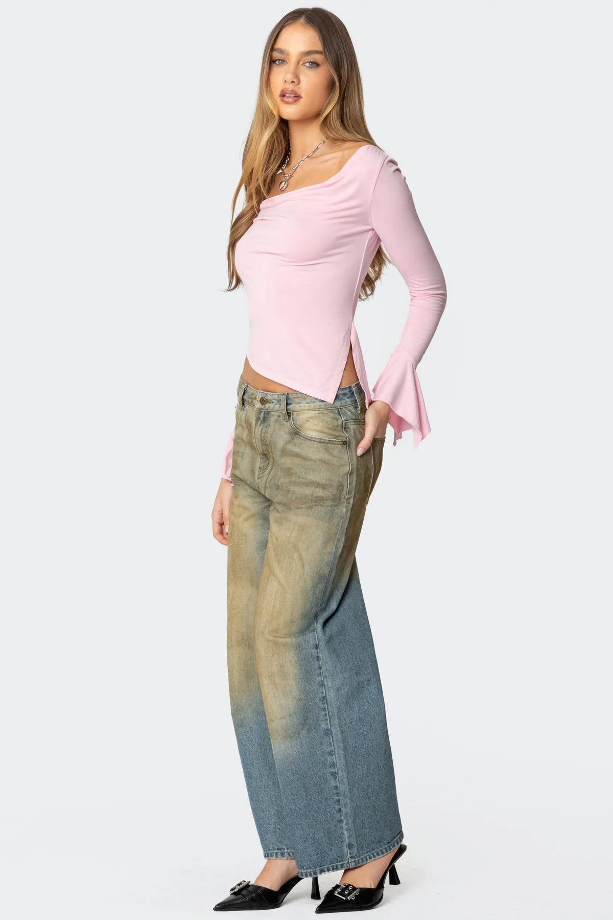 Pink Cowl Neck Asymmetric Top for Women