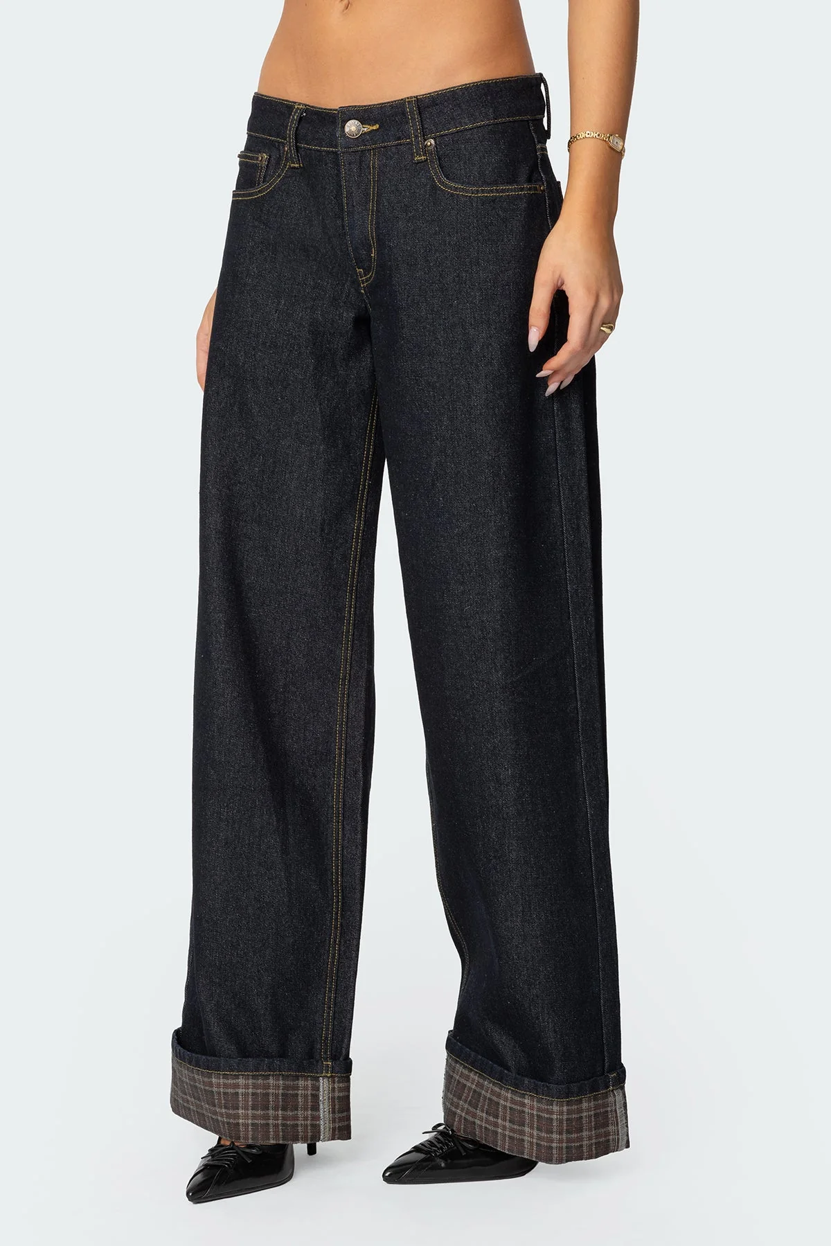 Blue Plaid Cuffed Denim Jeans for Women