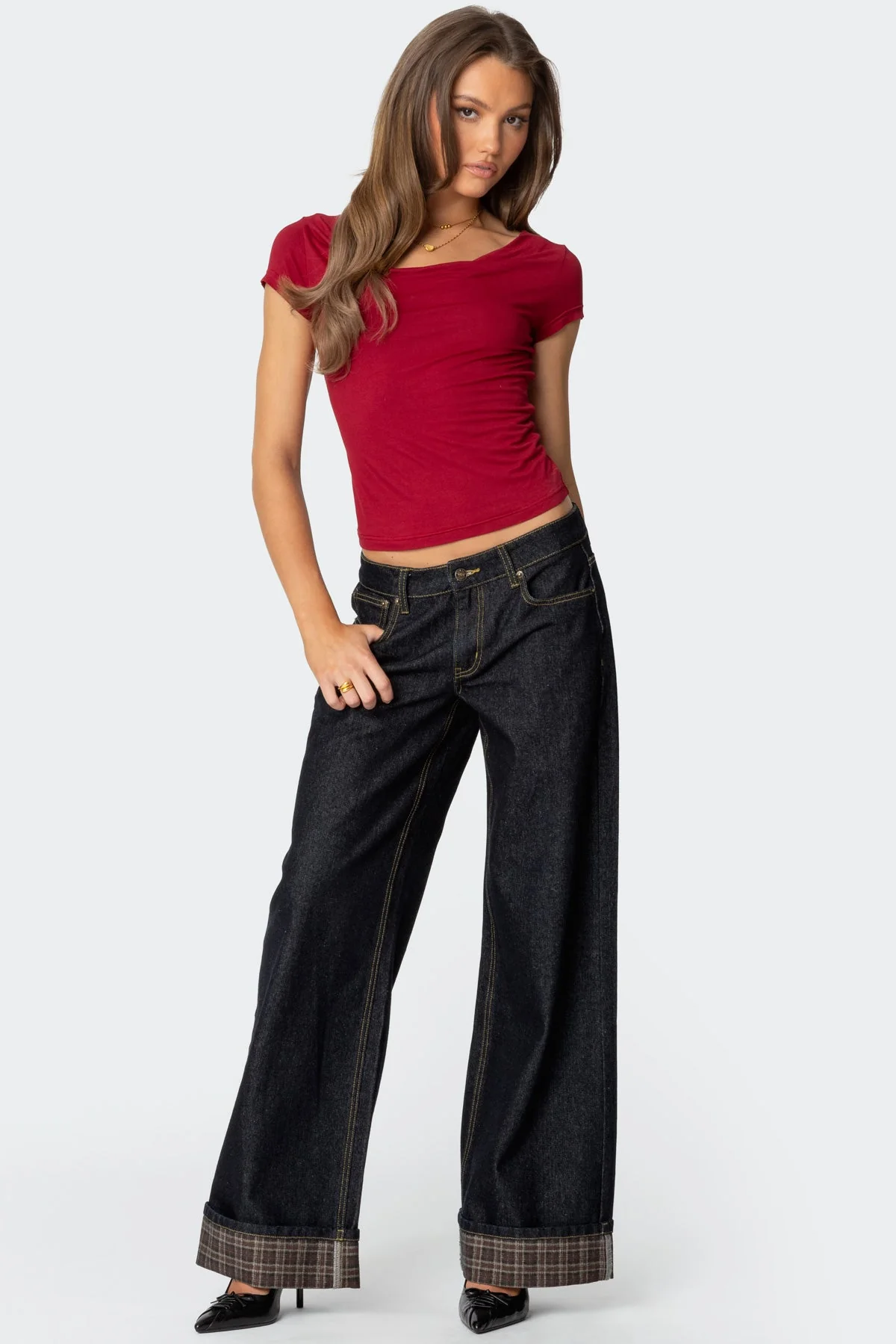 Blue Plaid Cuffed Denim Jeans for Women