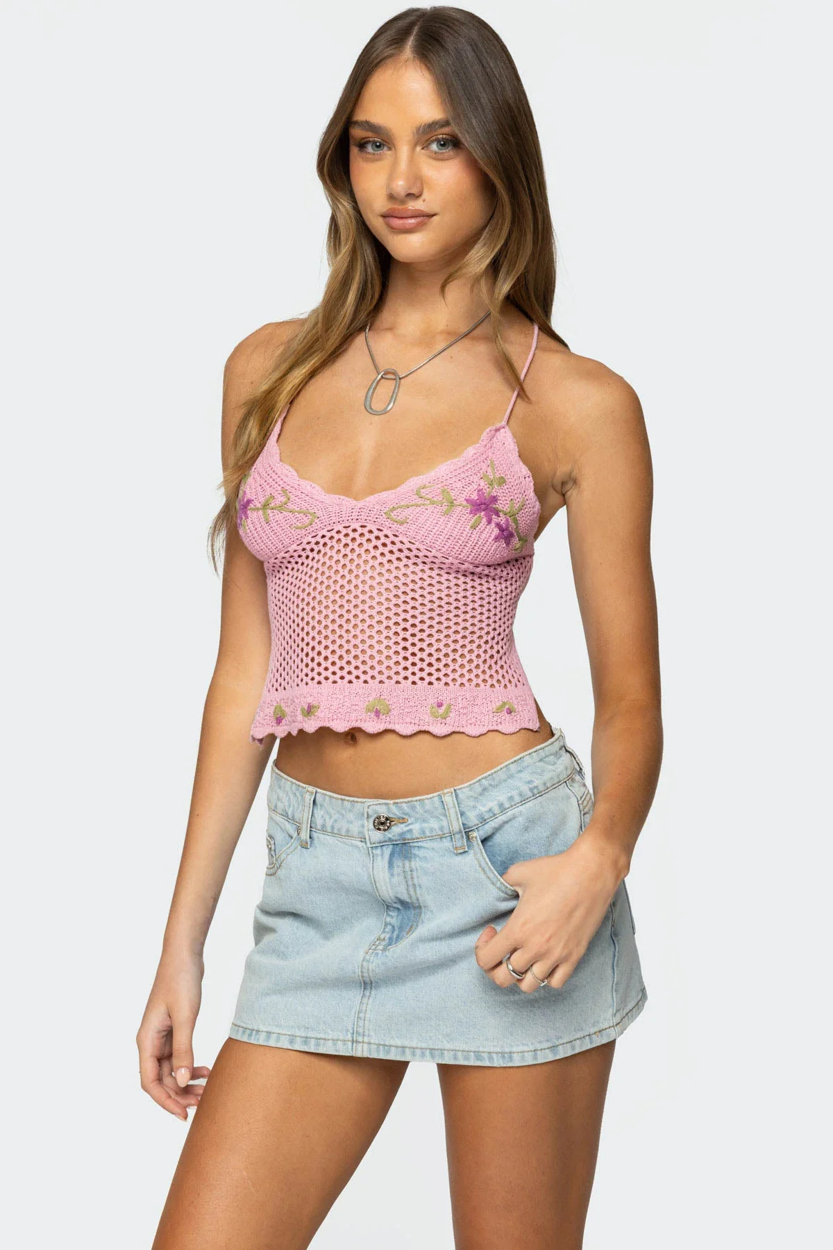 Pink Crochet Top with Embroidered Detailing