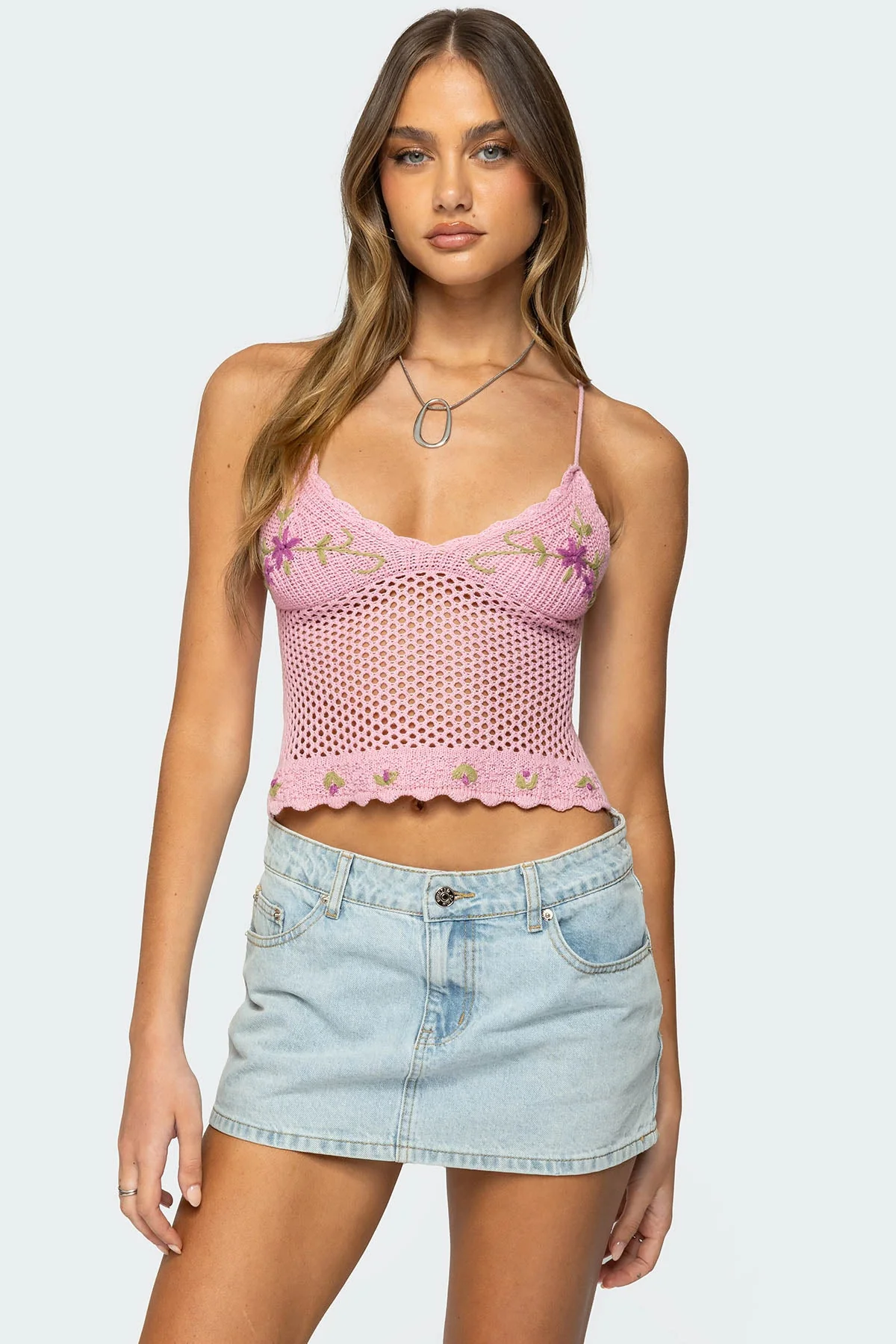 Pink Crochet Top with Embroidered Detailing