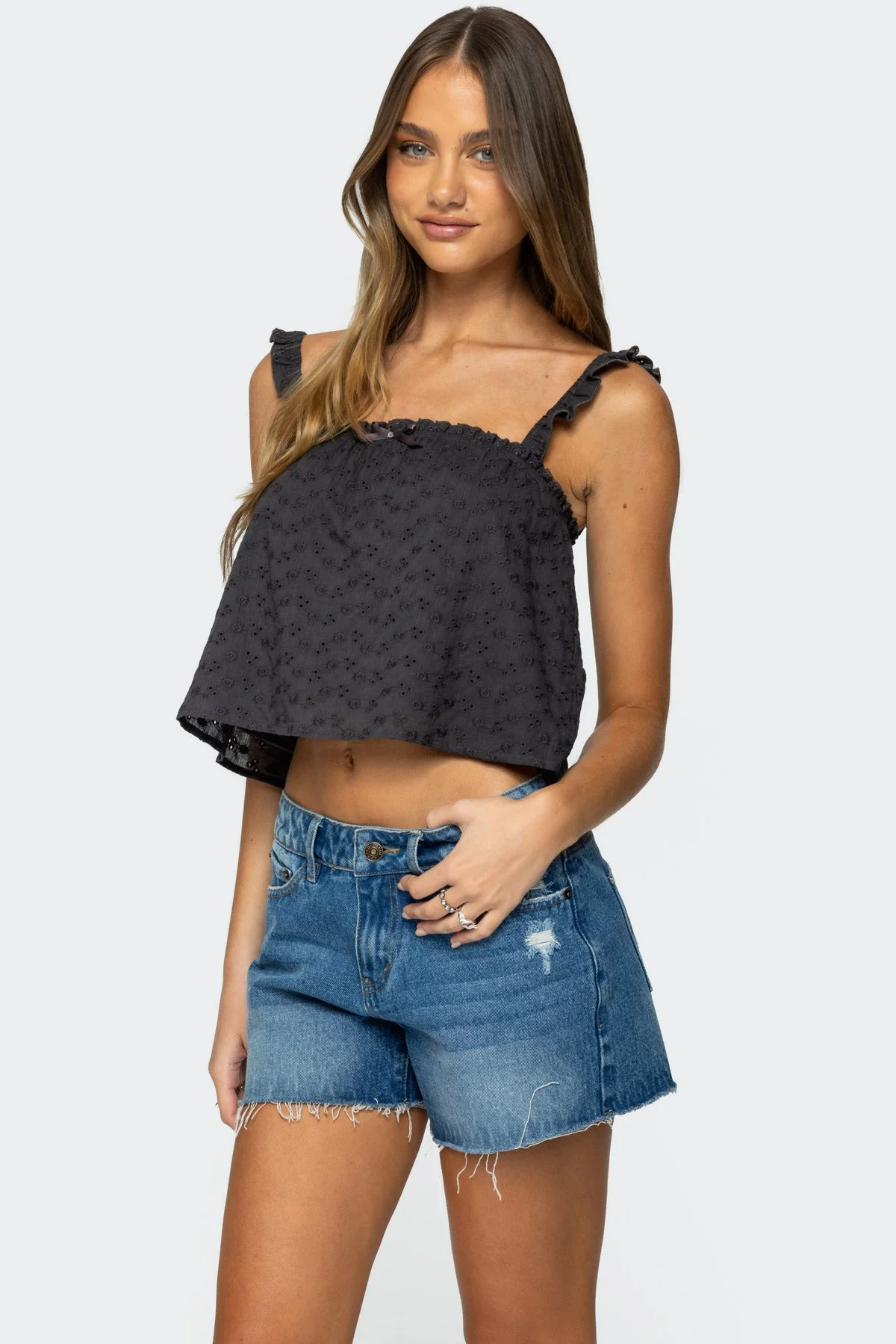 Ruffled Eyelet Cotton Tank Top in Dark Gray