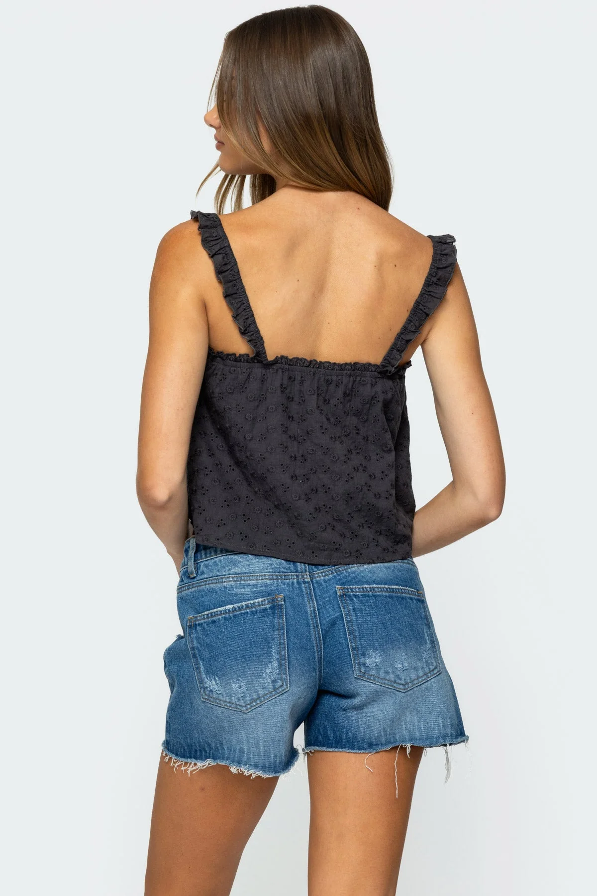 Ruffled Eyelet Cotton Tank Top in Dark Gray
