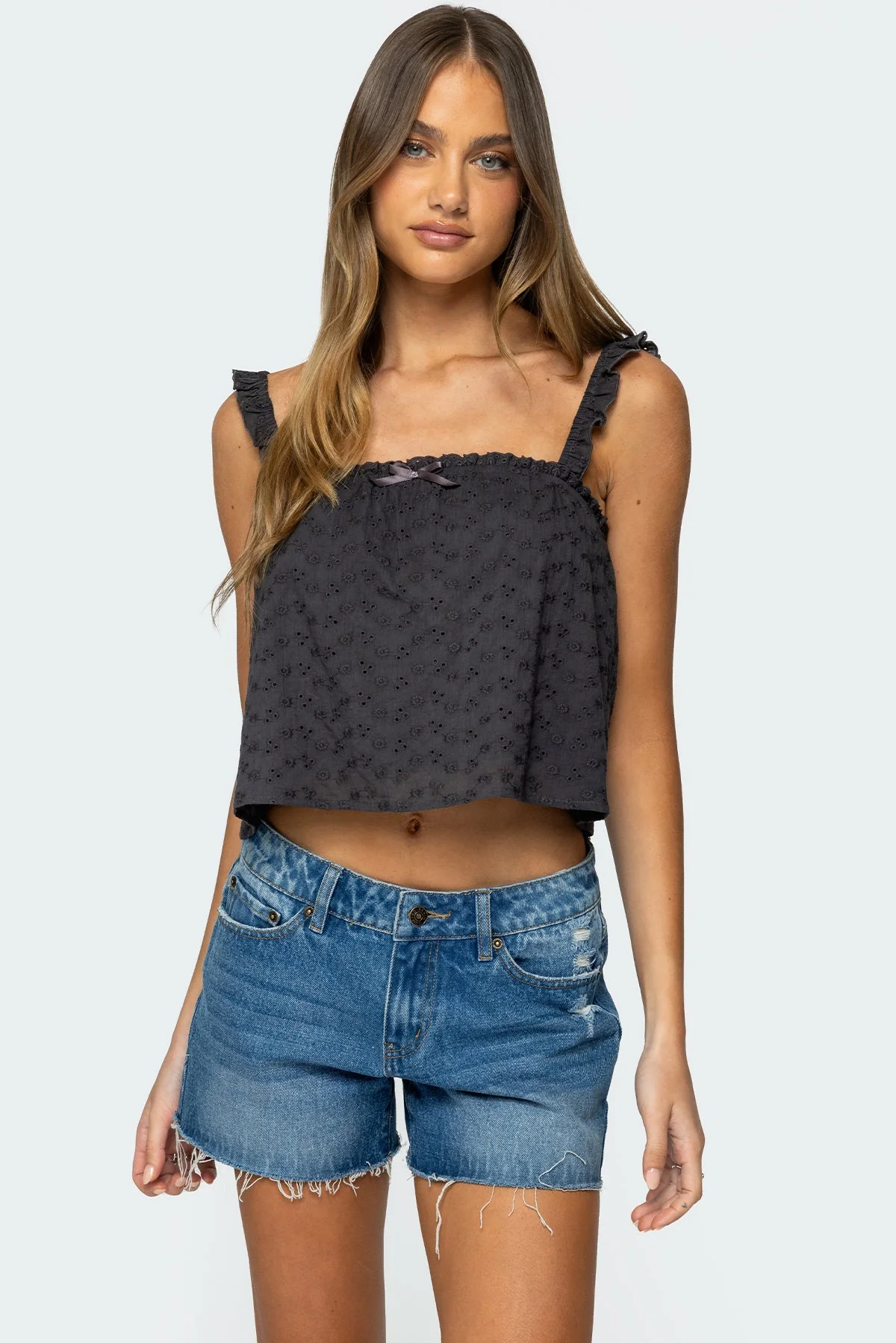 Ruffled Eyelet Cotton Tank Top in Dark Gray