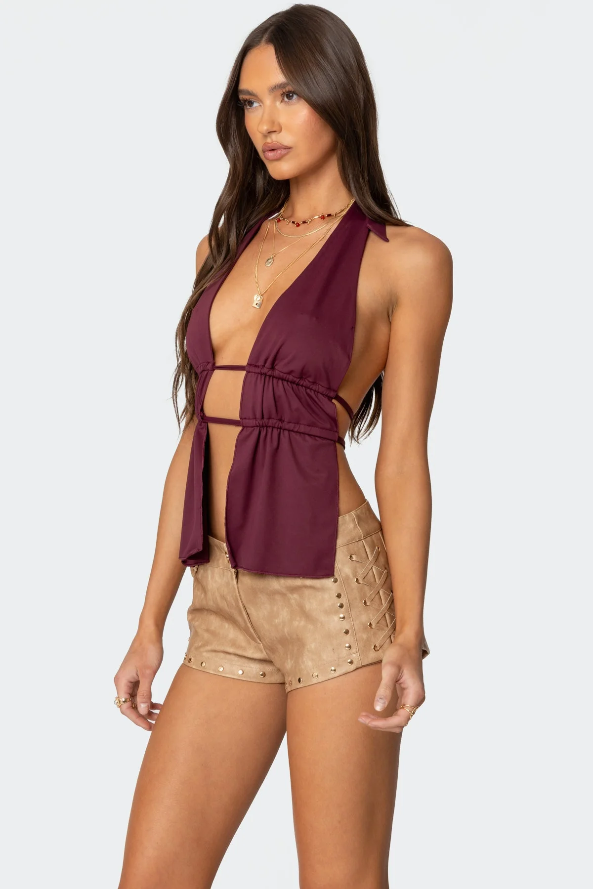 Burgundy Split Halter Top for Women