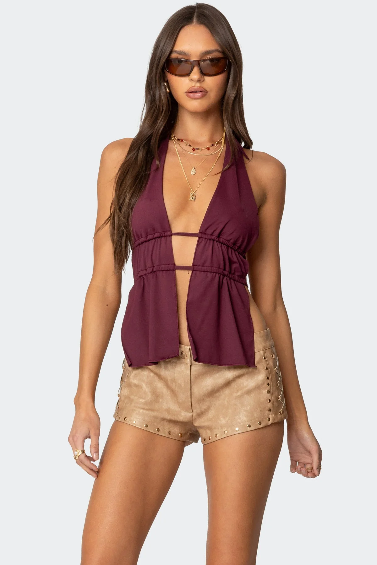 Burgundy Split Halter Top for Women